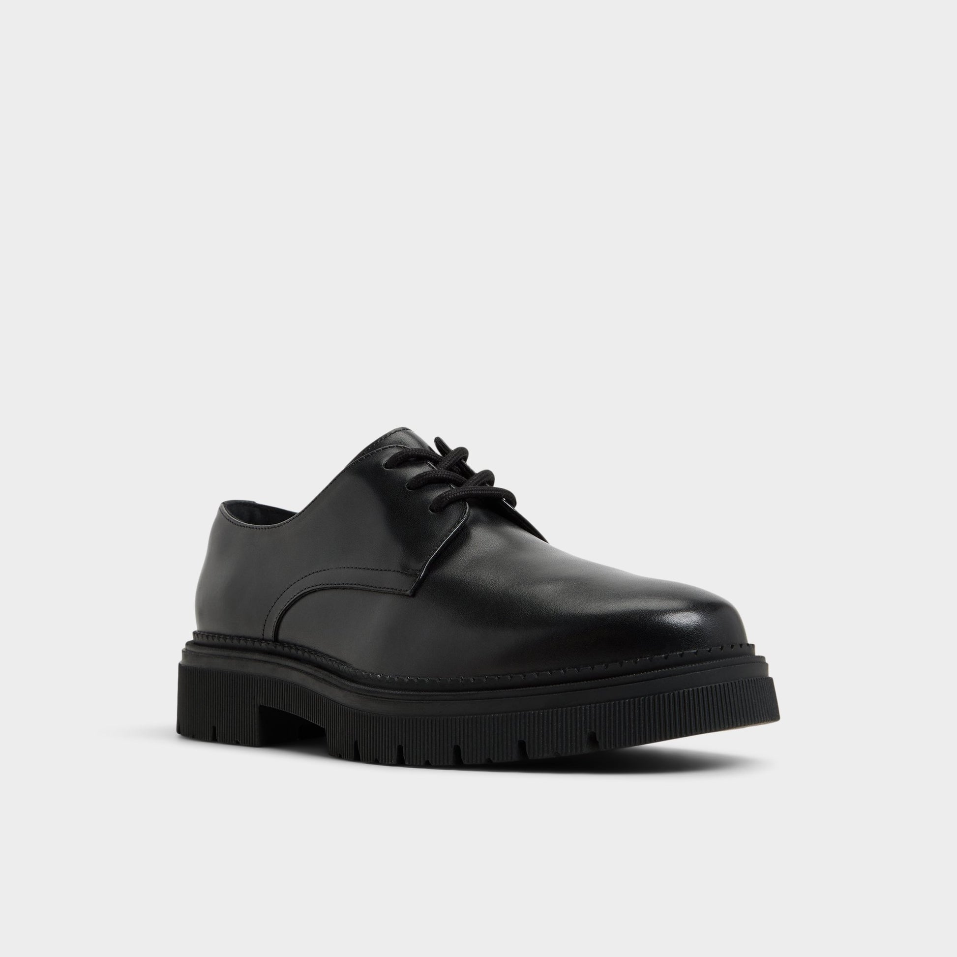 Three-quarter angle of Black Simian Derby shoe's front side