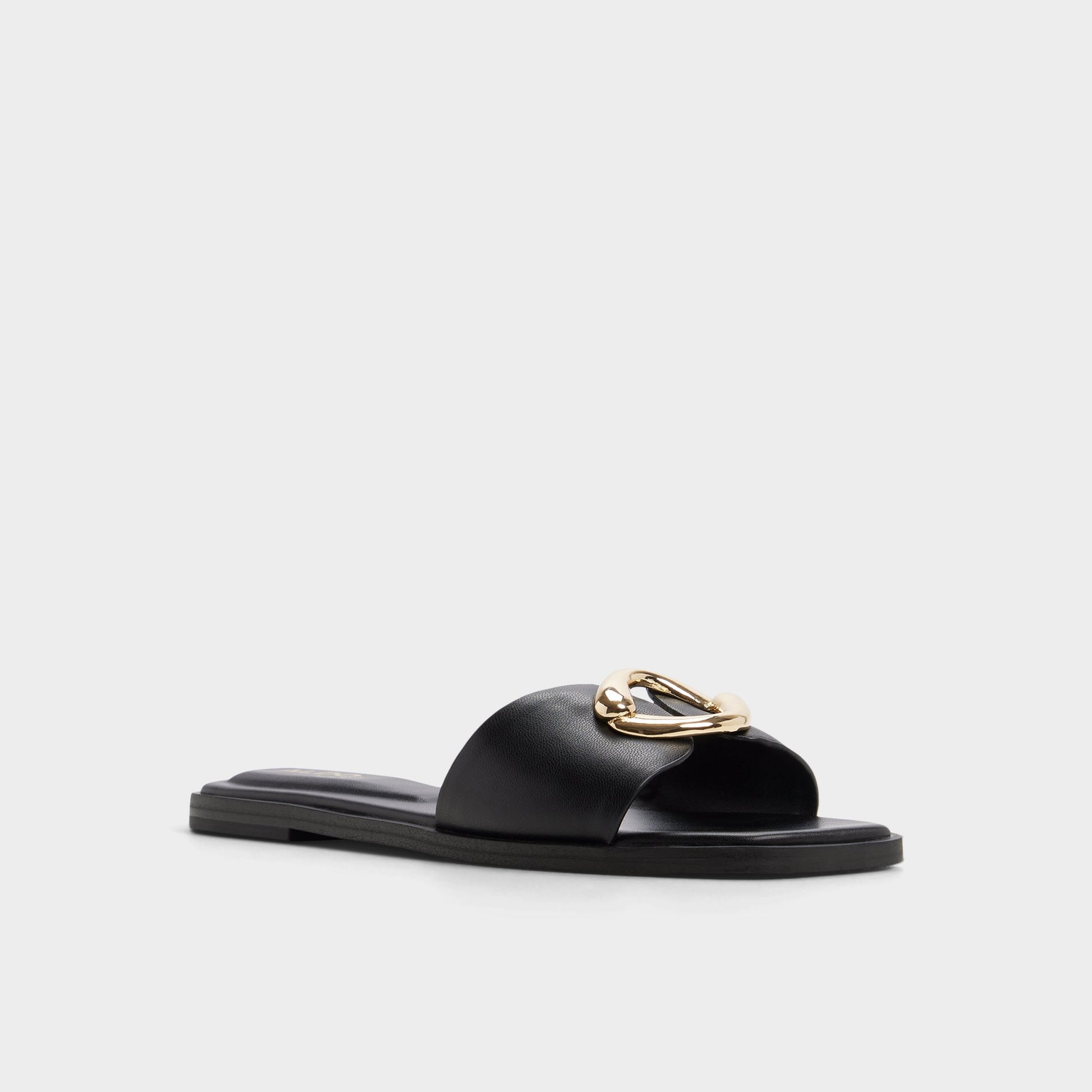 Three-quarter angle of Black Biggin Slide sandal's front side