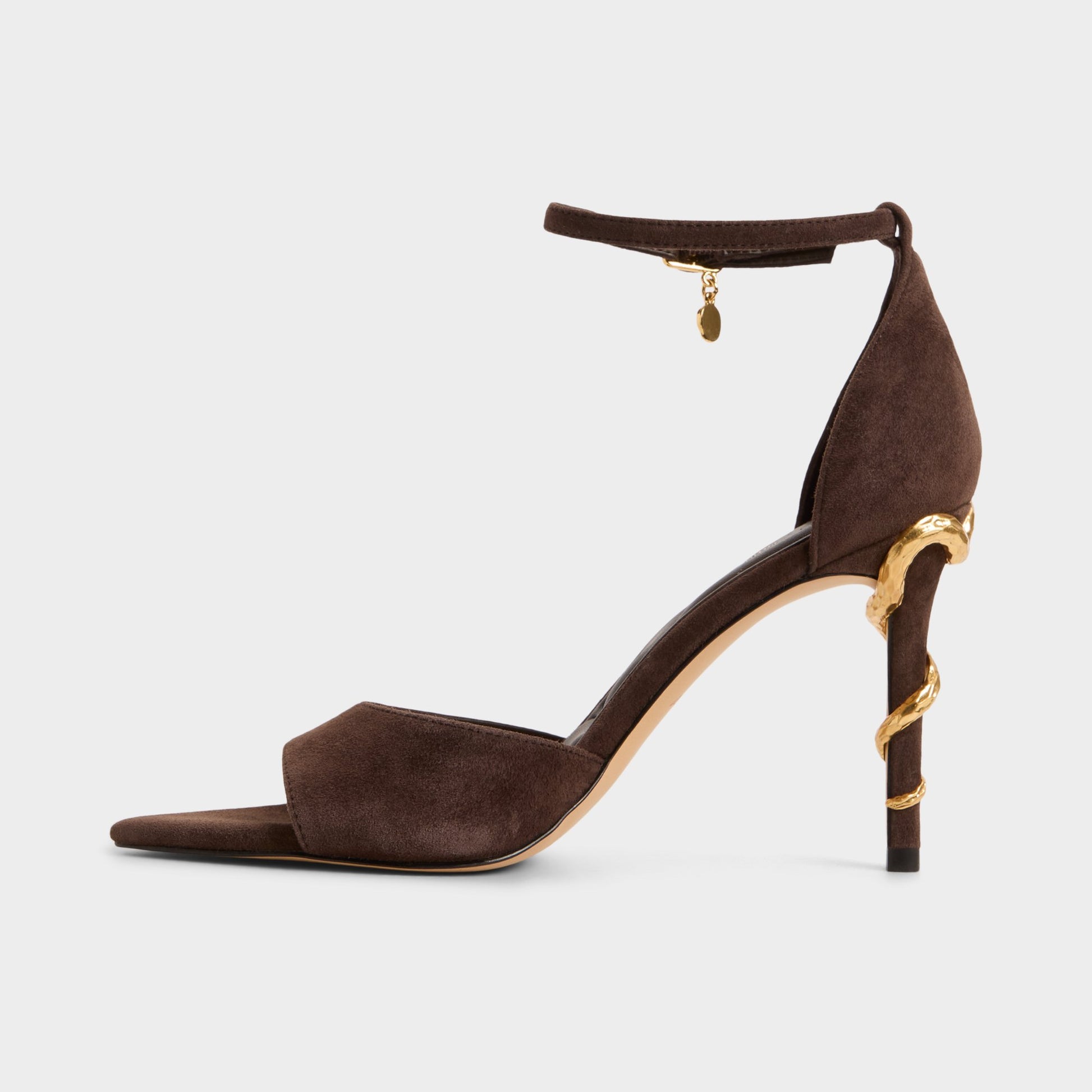 Side view of Dark brown Medeza Strappy heeled sandal