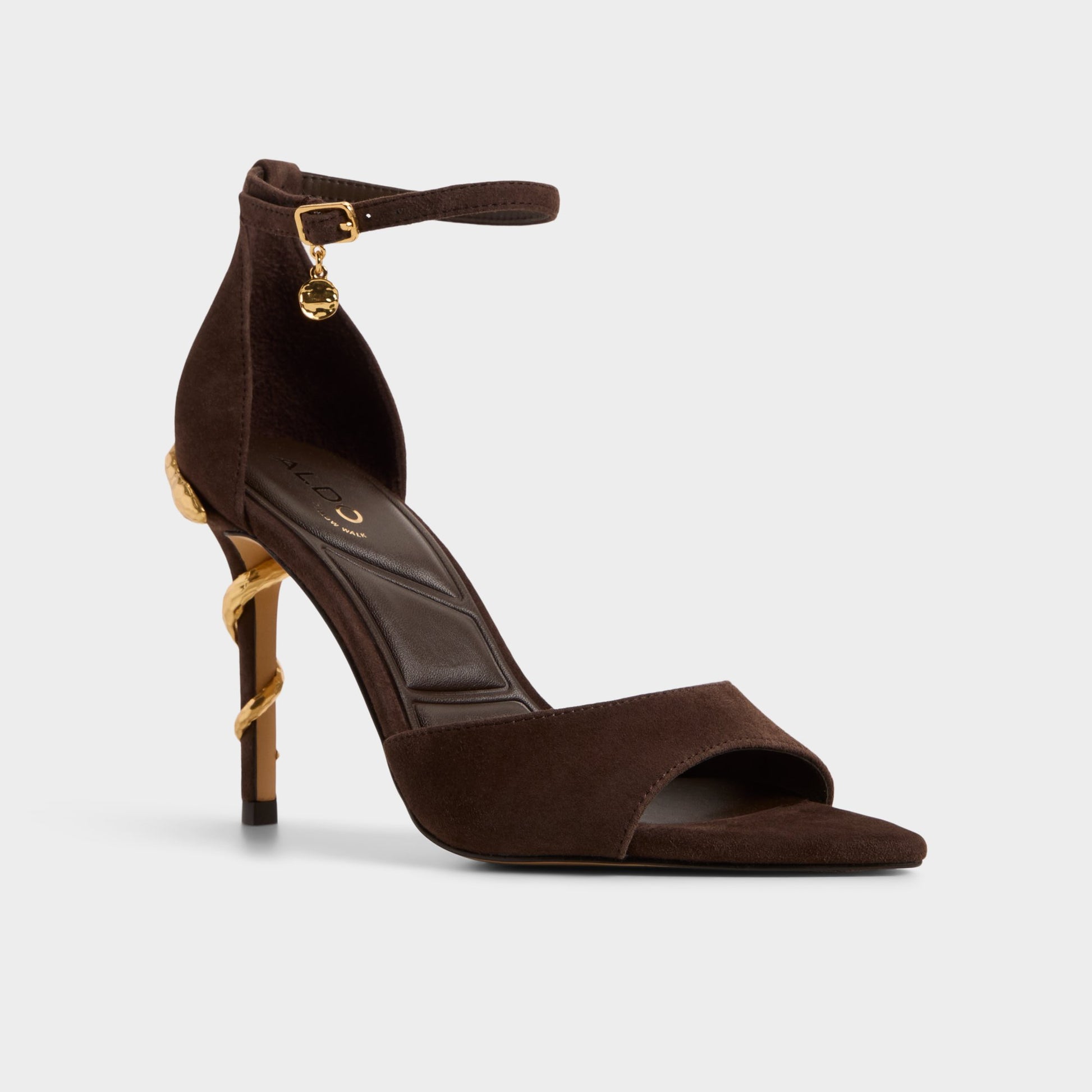 Three-quarter angle of Dark brown Medeza Strappy heeled sandal's front side