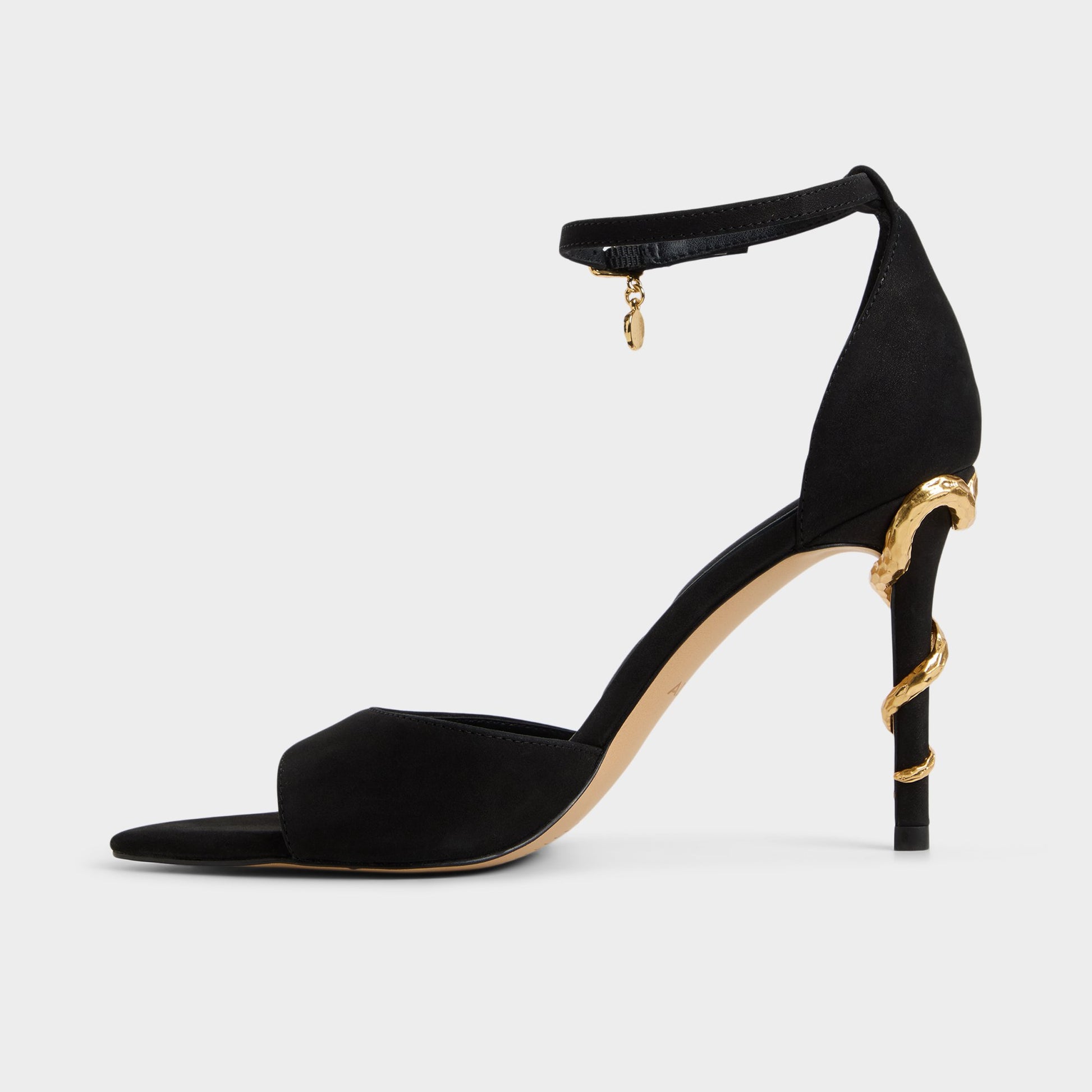 Side view of Black Medeza Strappy heeled sandal
