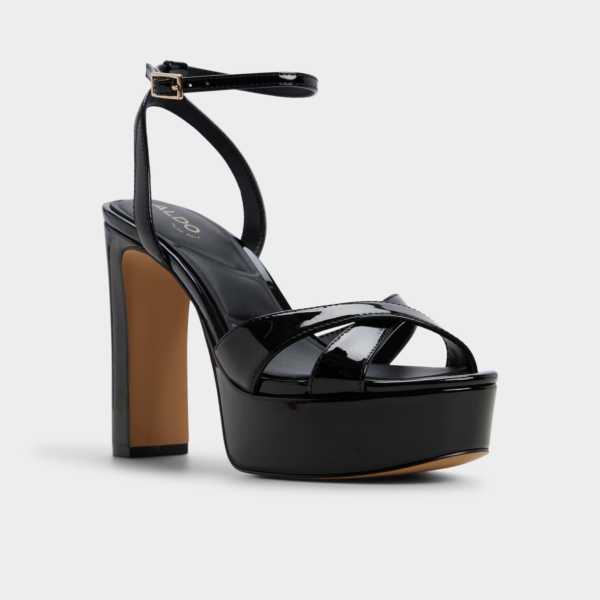 Three-quarter angle of Black Rosine Strappy heeled sandal's front side