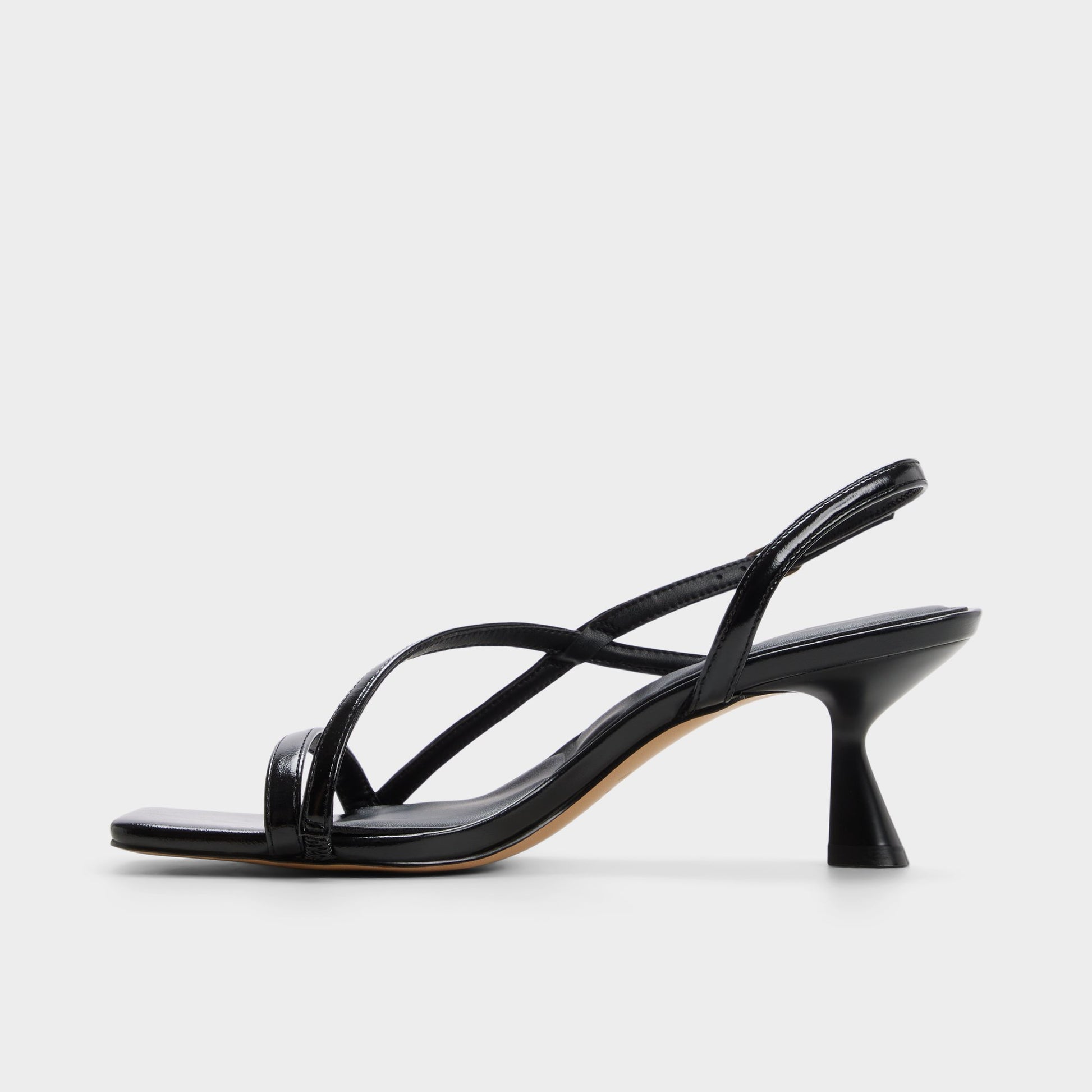 Side view of Black Nastazia Strappy heeled sandal