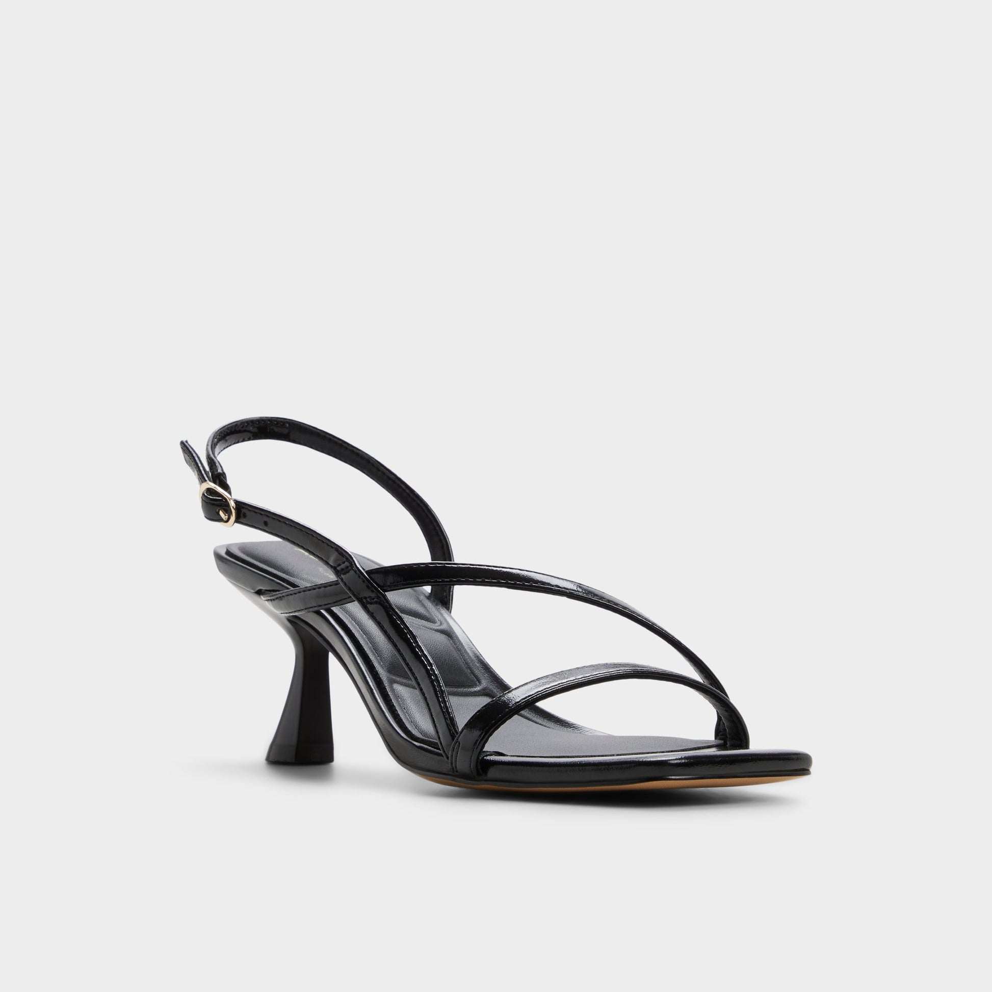 Three-quarter angle of Black Nastazia Strappy heeled sandal's front side