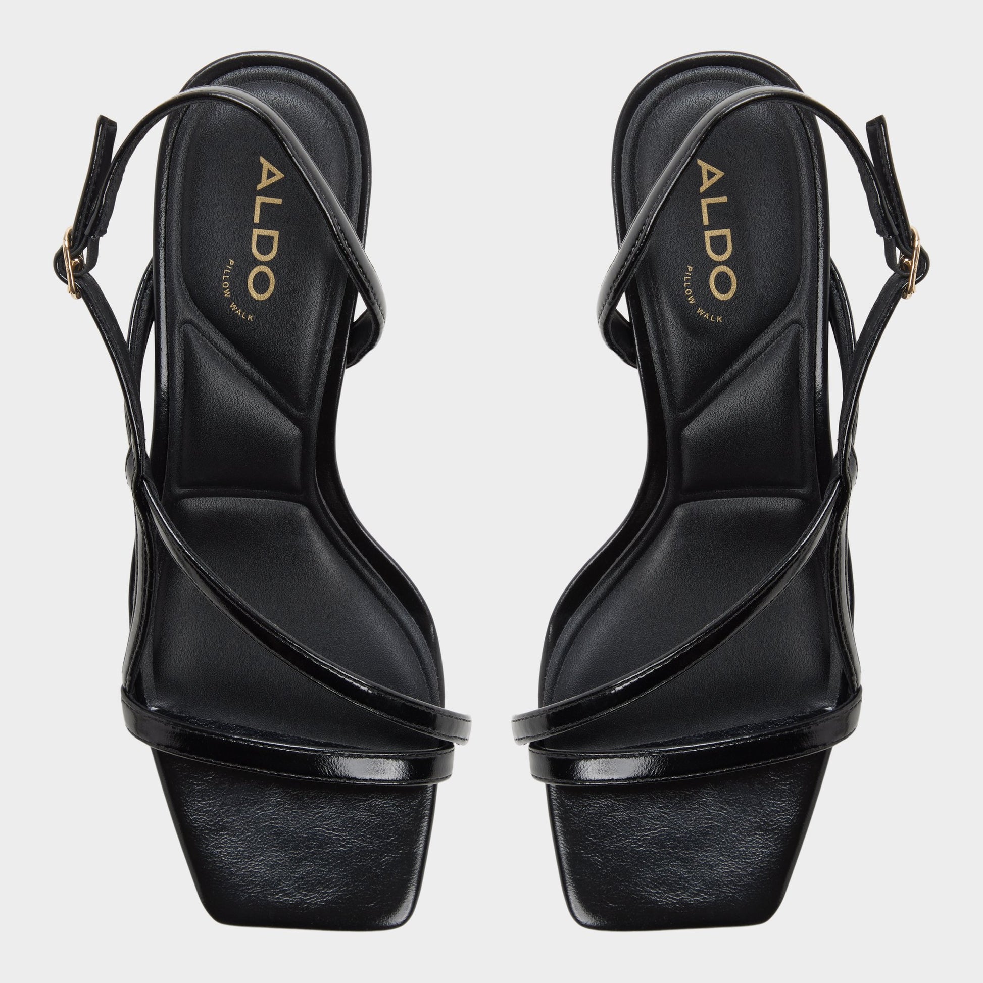 Top-down view of the Black Nastazia Strappy heeled sandal