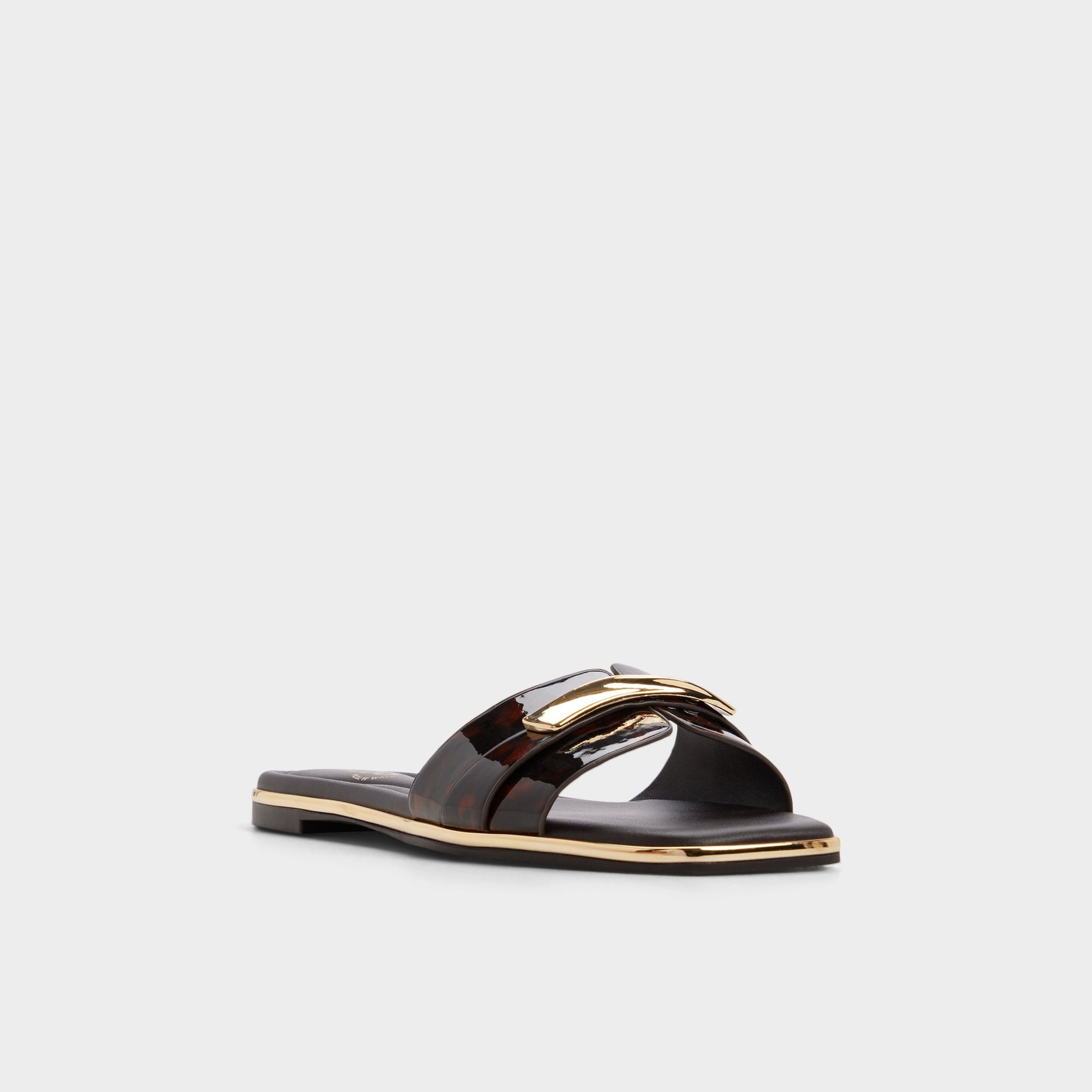 Three-quarter angle of Open brown Darlina Slide sandal's front side