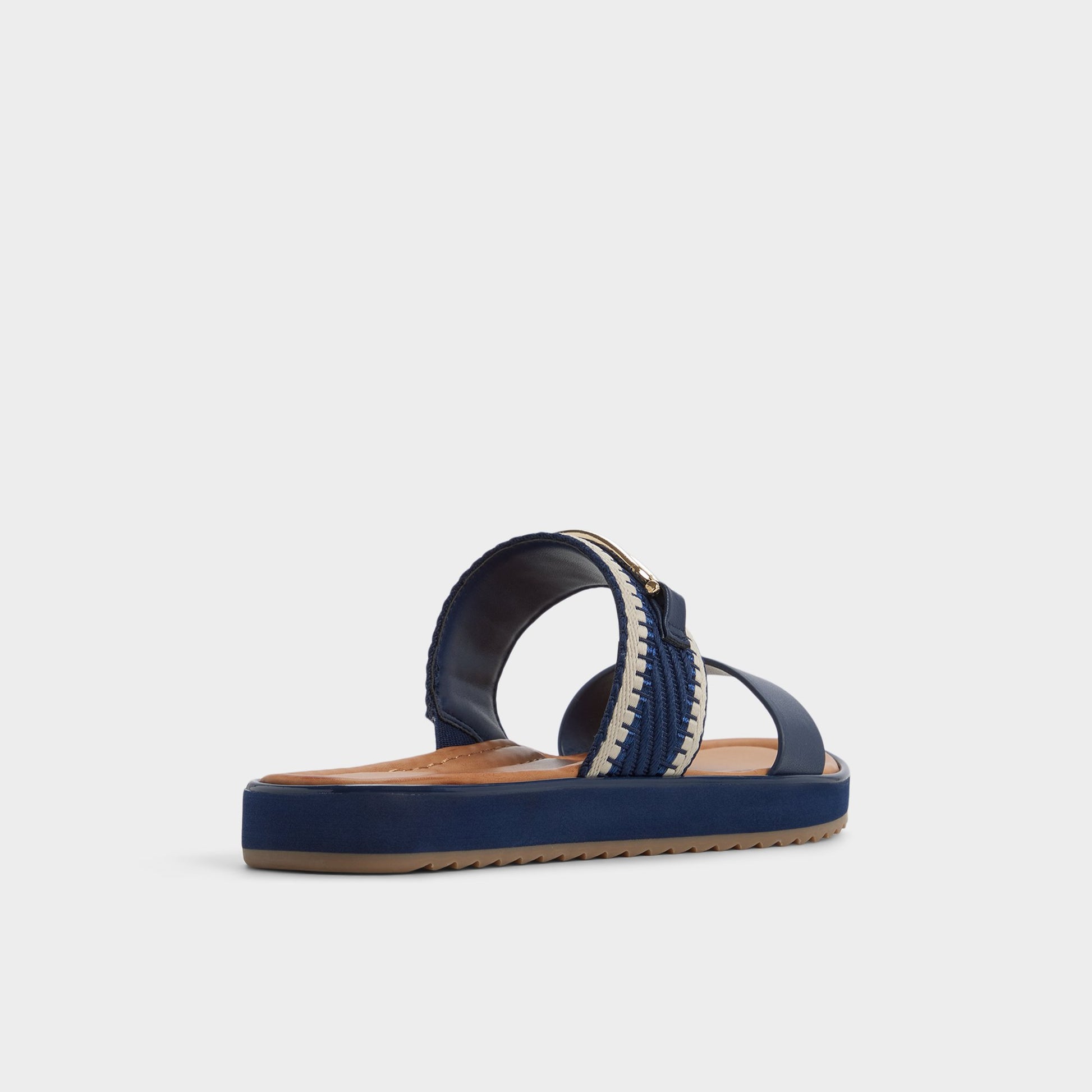 Three-quarter angle of Navy Lagoon Slide sandal's back side
