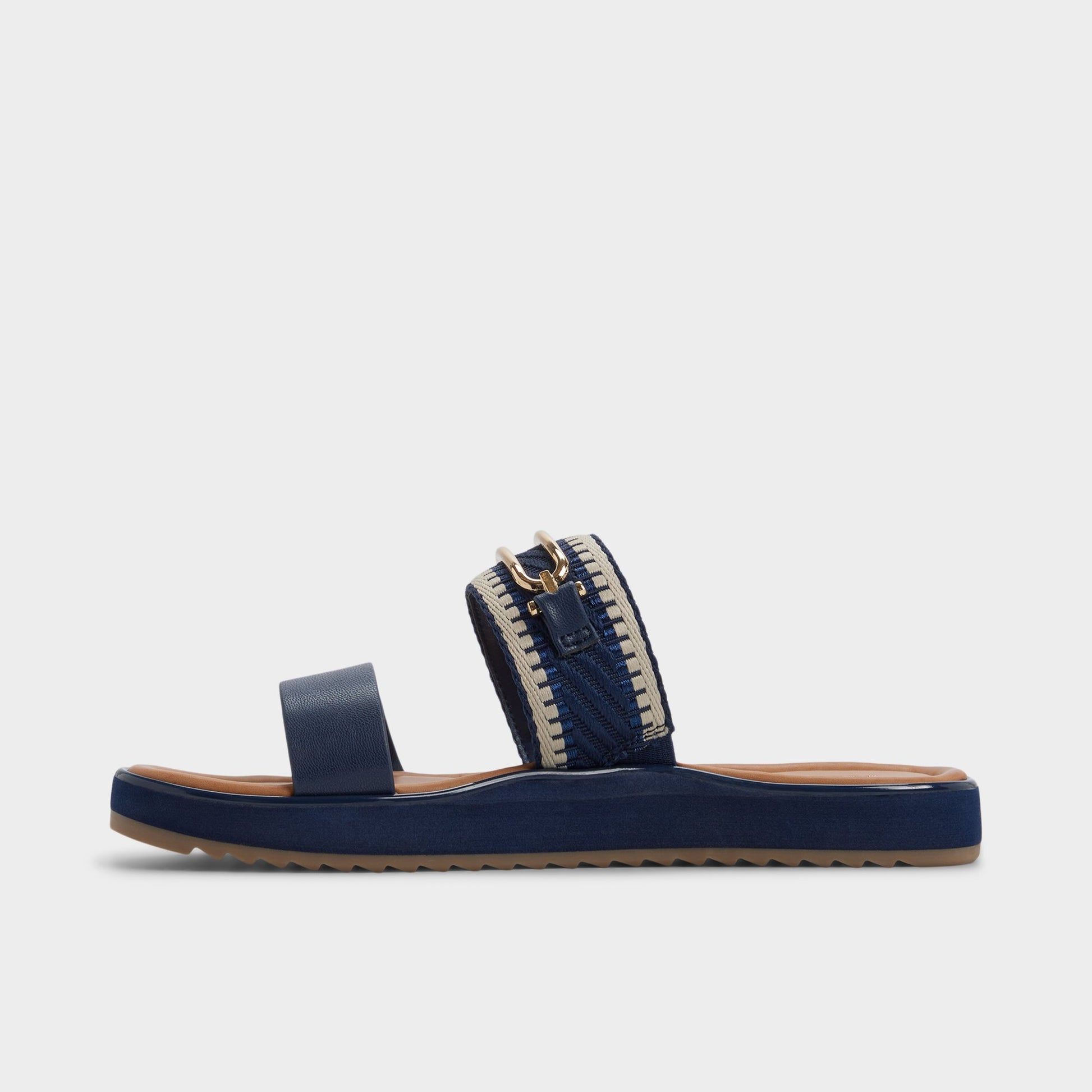 Side view of Navy Lagoon Slide sandal