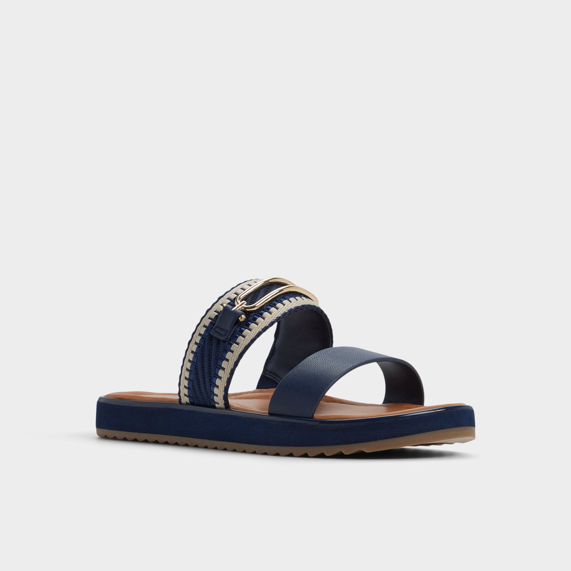 Three-quarter angle of Navy Lagoon Slide sandal's front side