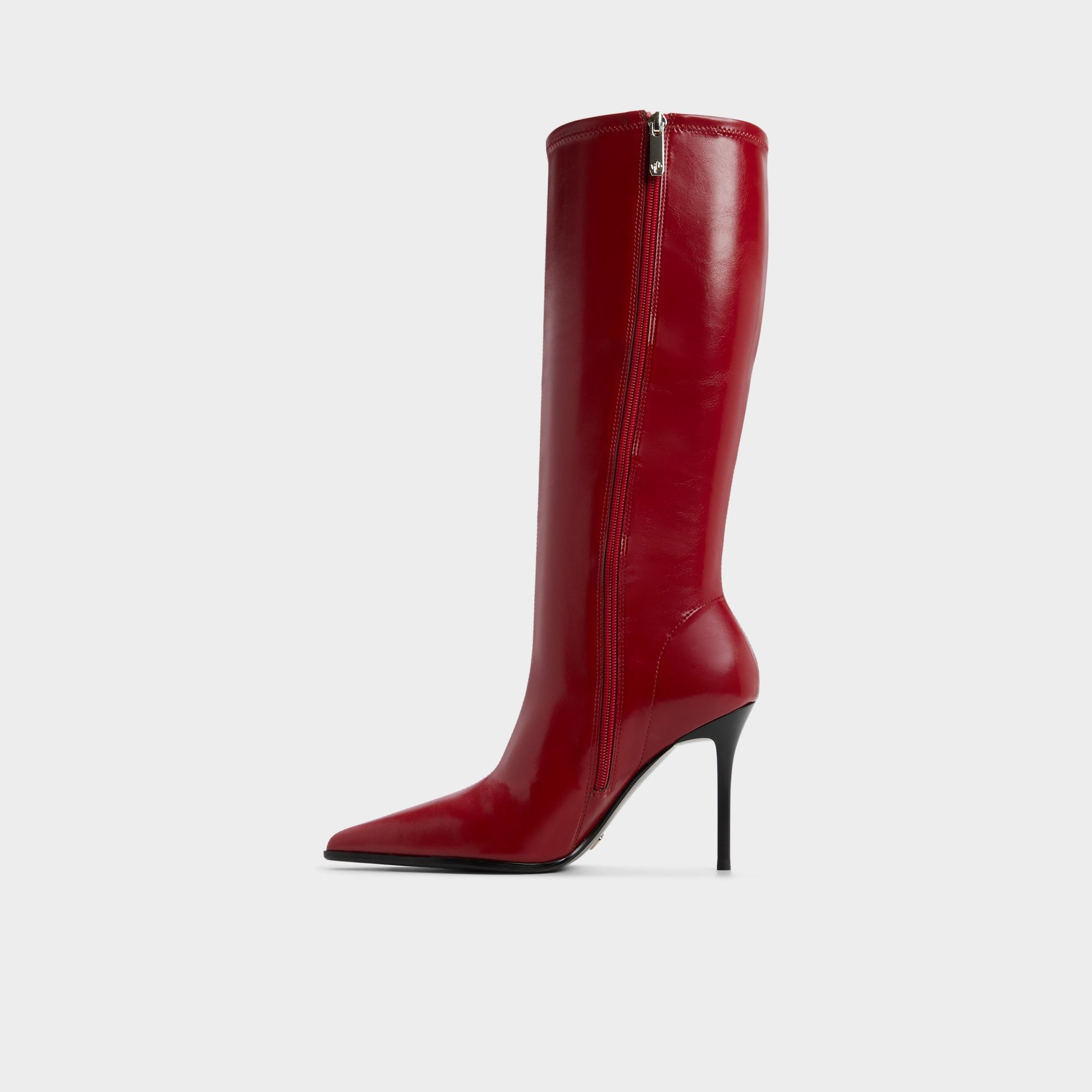 Side view of Medium red Re-emily Knee-high boot