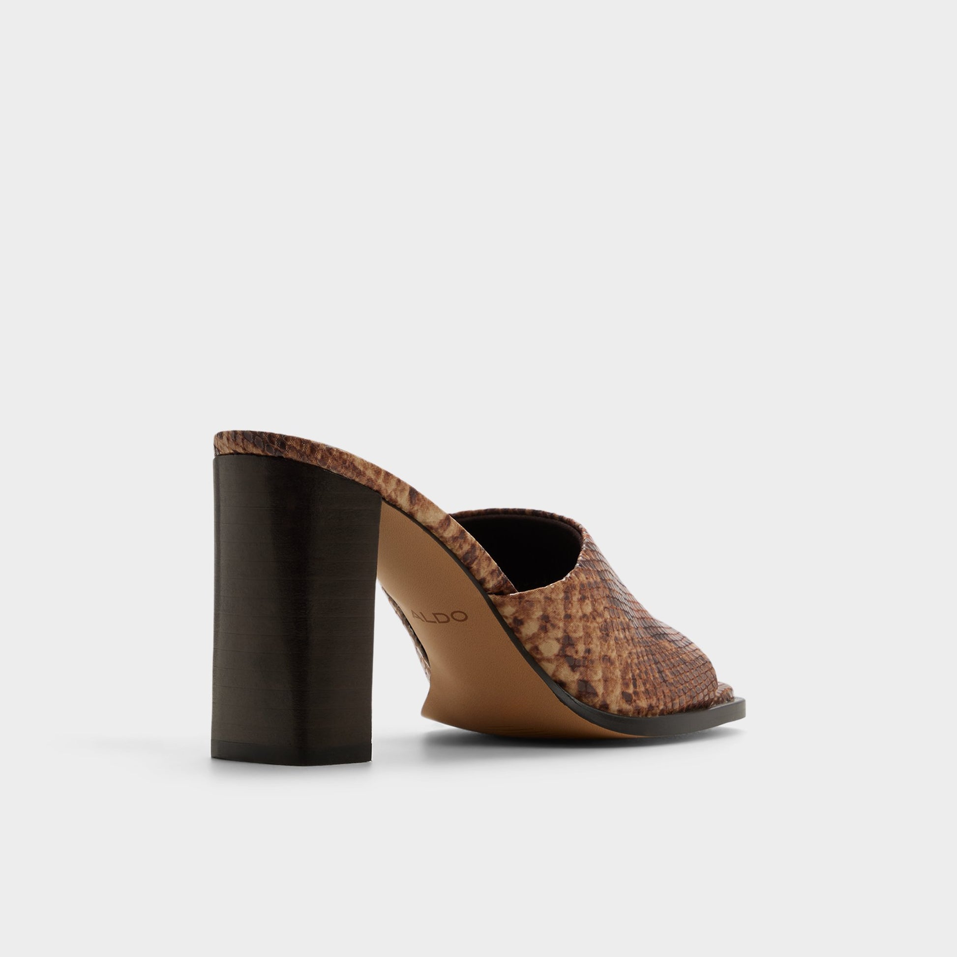 Three-quarter angle of Brown multi Re-sophia Heeled mule's back side