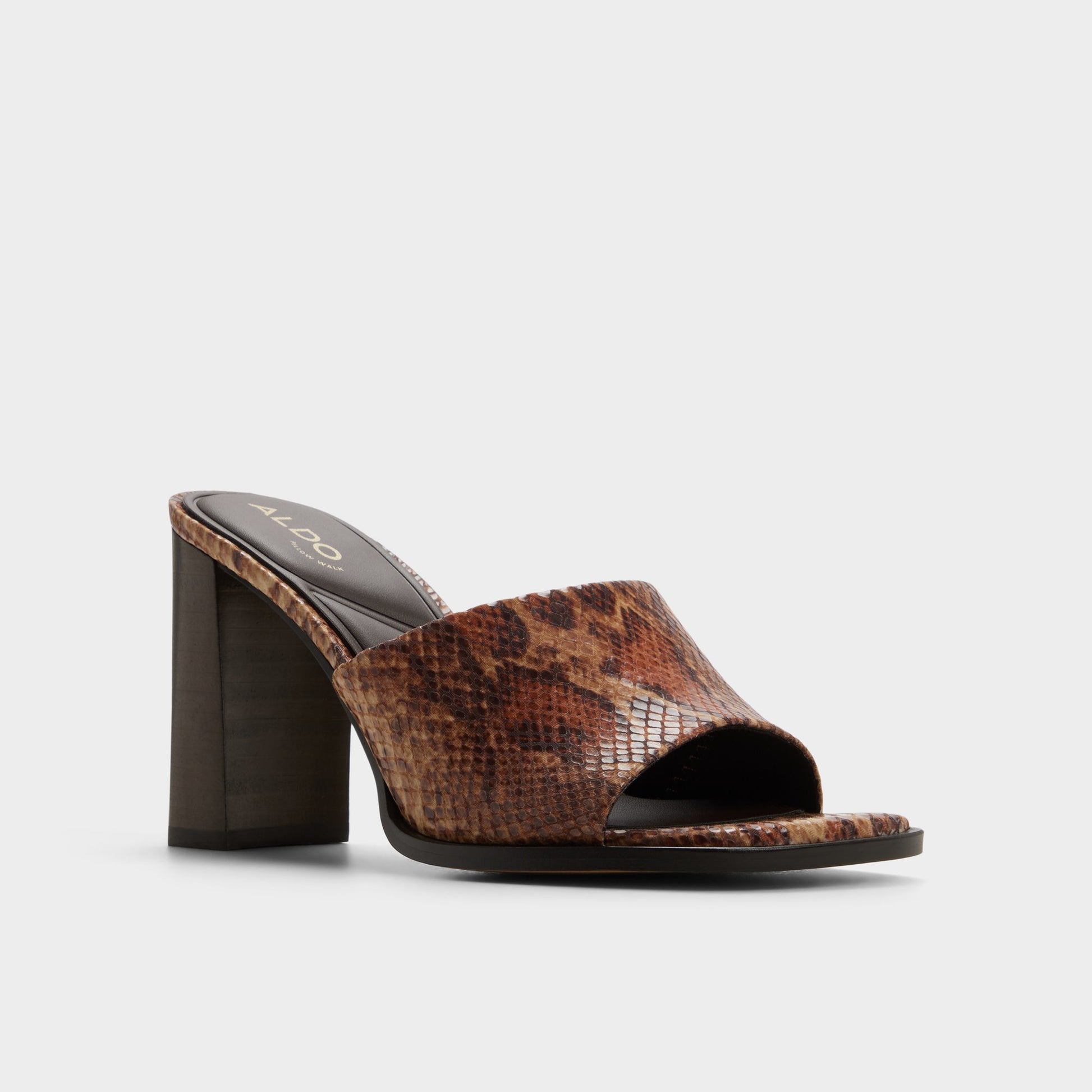 Three-quarter angle of Brown multi Re-sophia Heeled mule's front side
