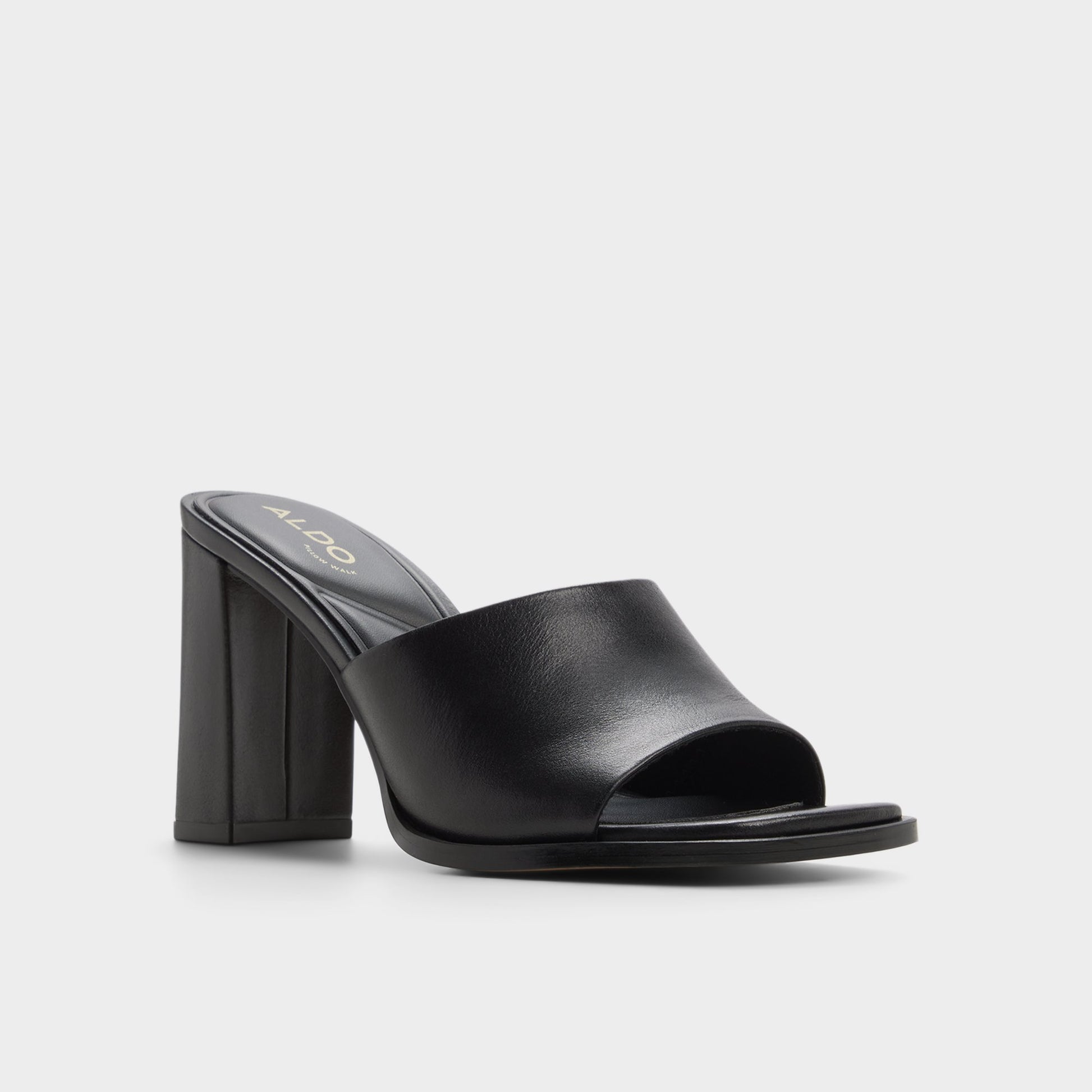 Three-quarter angle of Black Re-sophia Heeled mule's front side