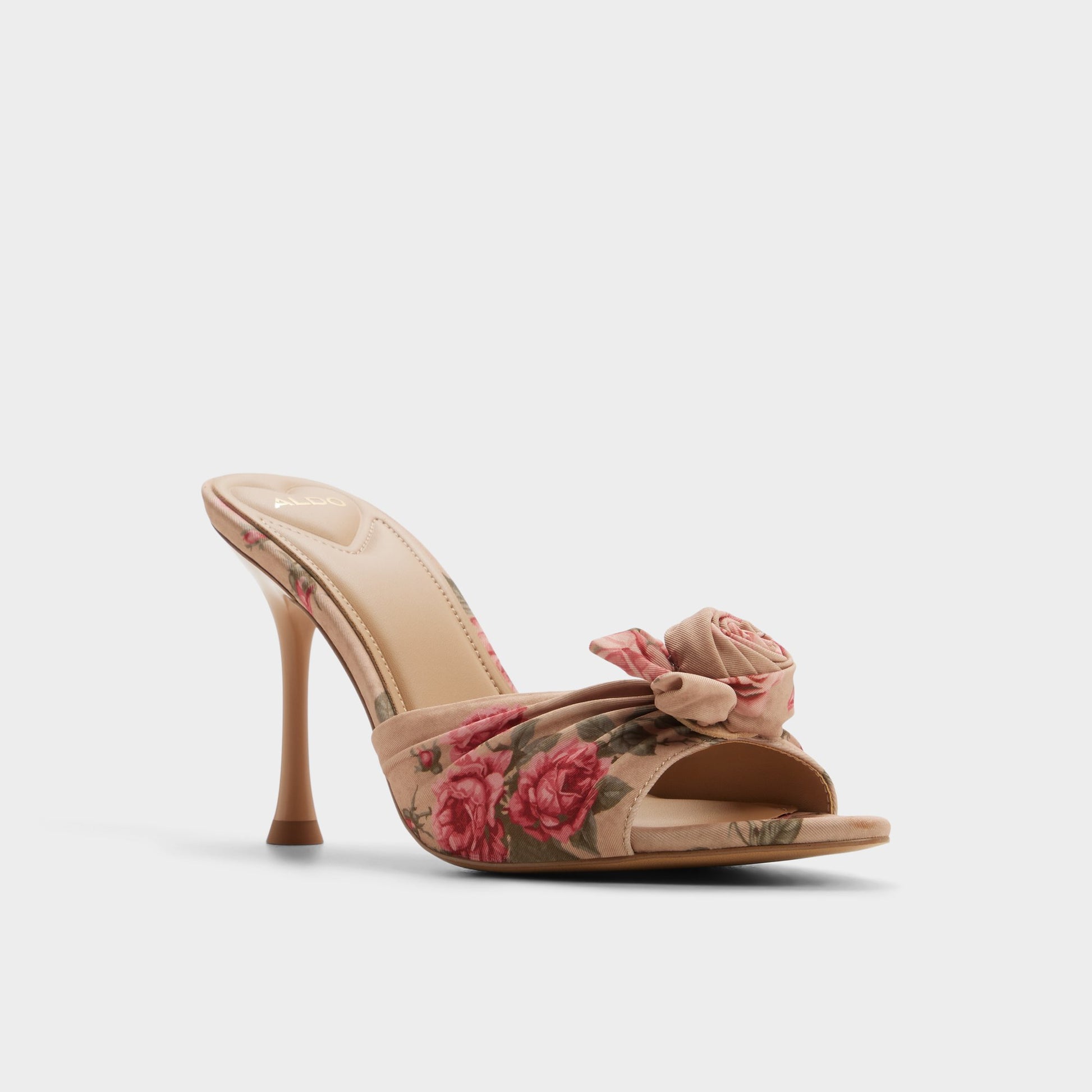 Three-quarter angle of Beige combo Rosalina Heeled mule's front side