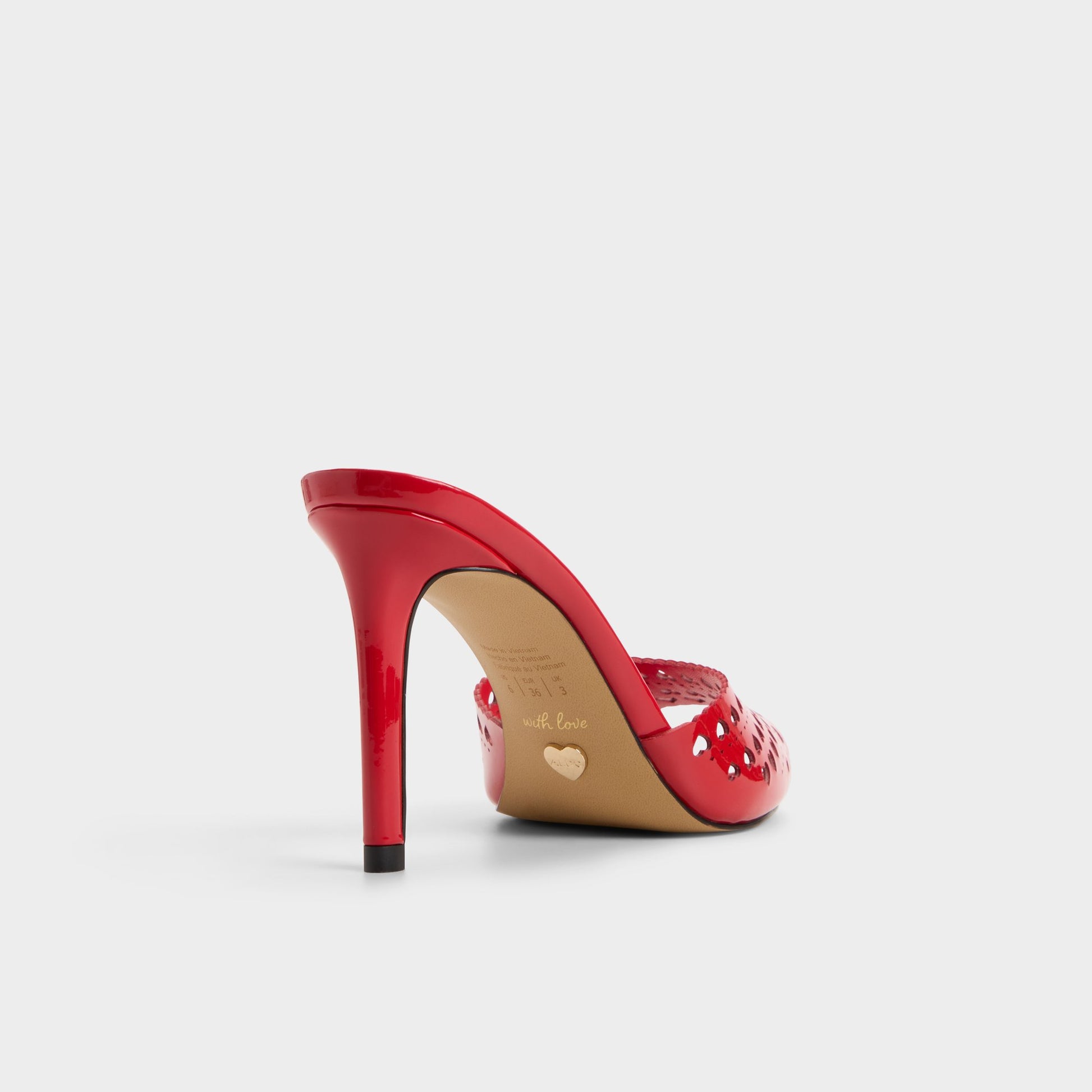 Three-quarter angle of Medium red Lovemule Heeled mule's back side