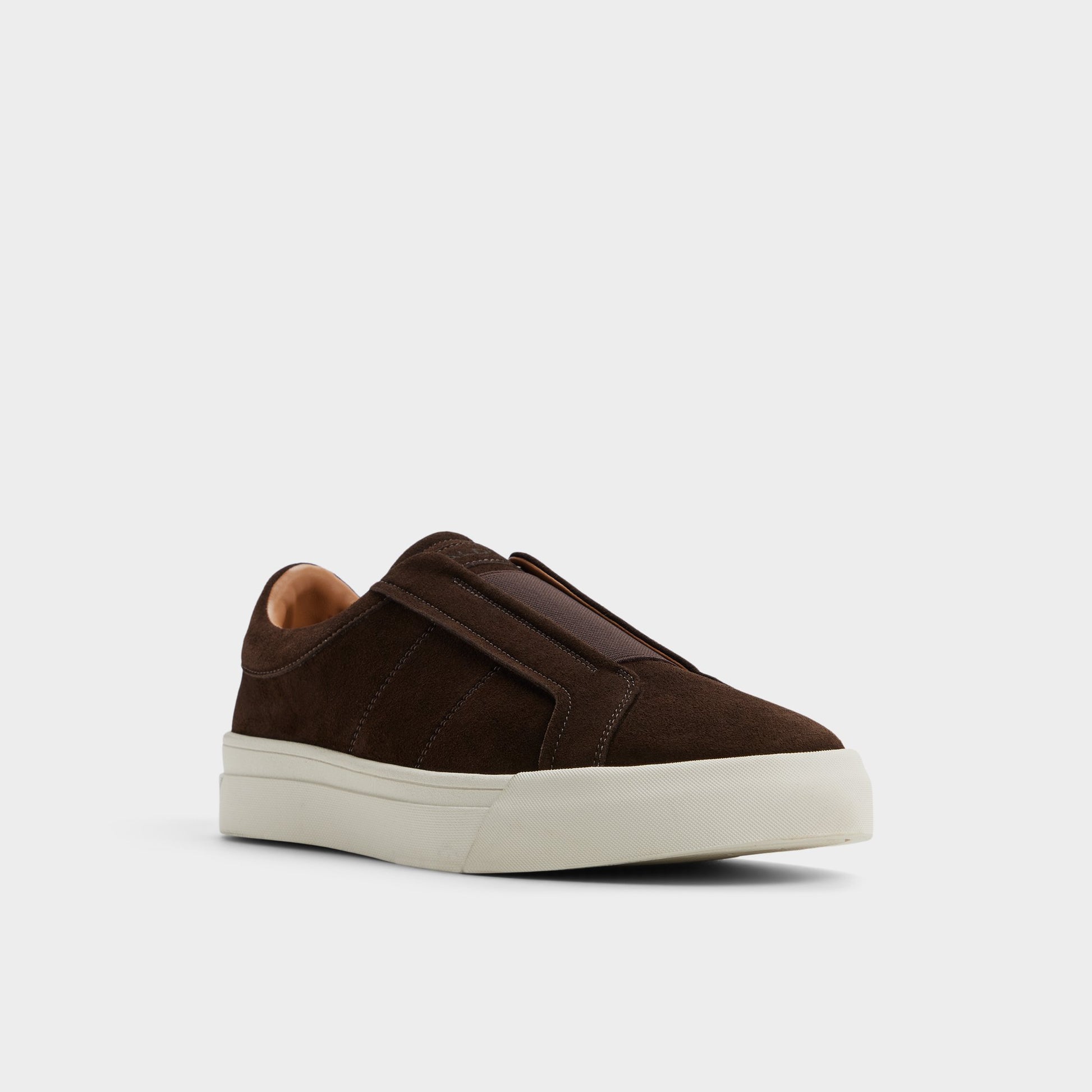 Three-quarter angle of Dark brown Auren Slip-on sneaker's front side
