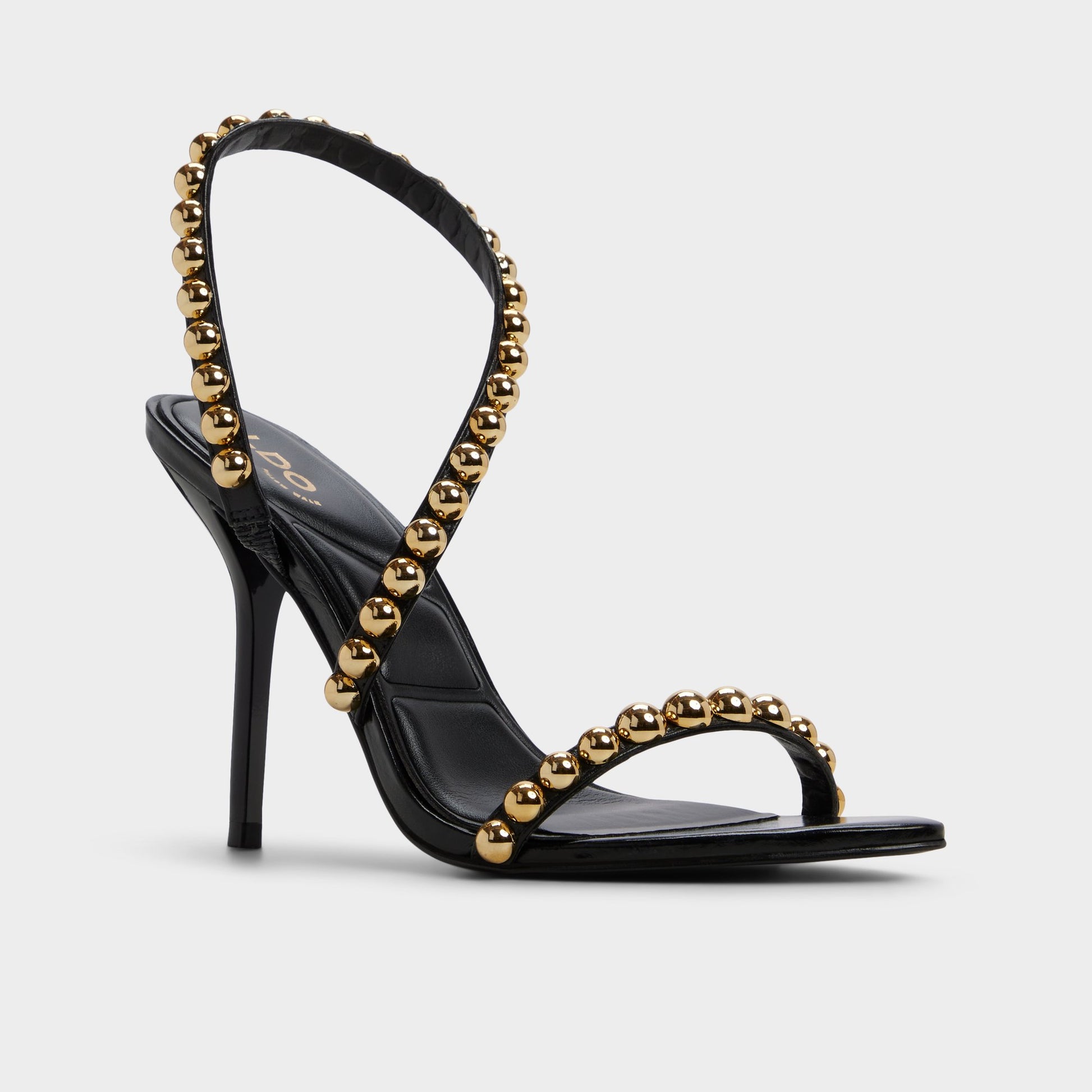 Three-quarter angle of Black Attey Strappy heeled sandal's front side