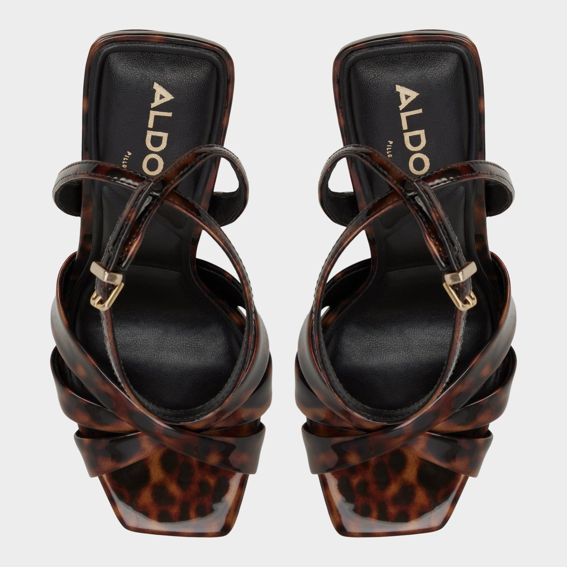 Top-down view of the Open brown Meteora Strappy heeled sandal