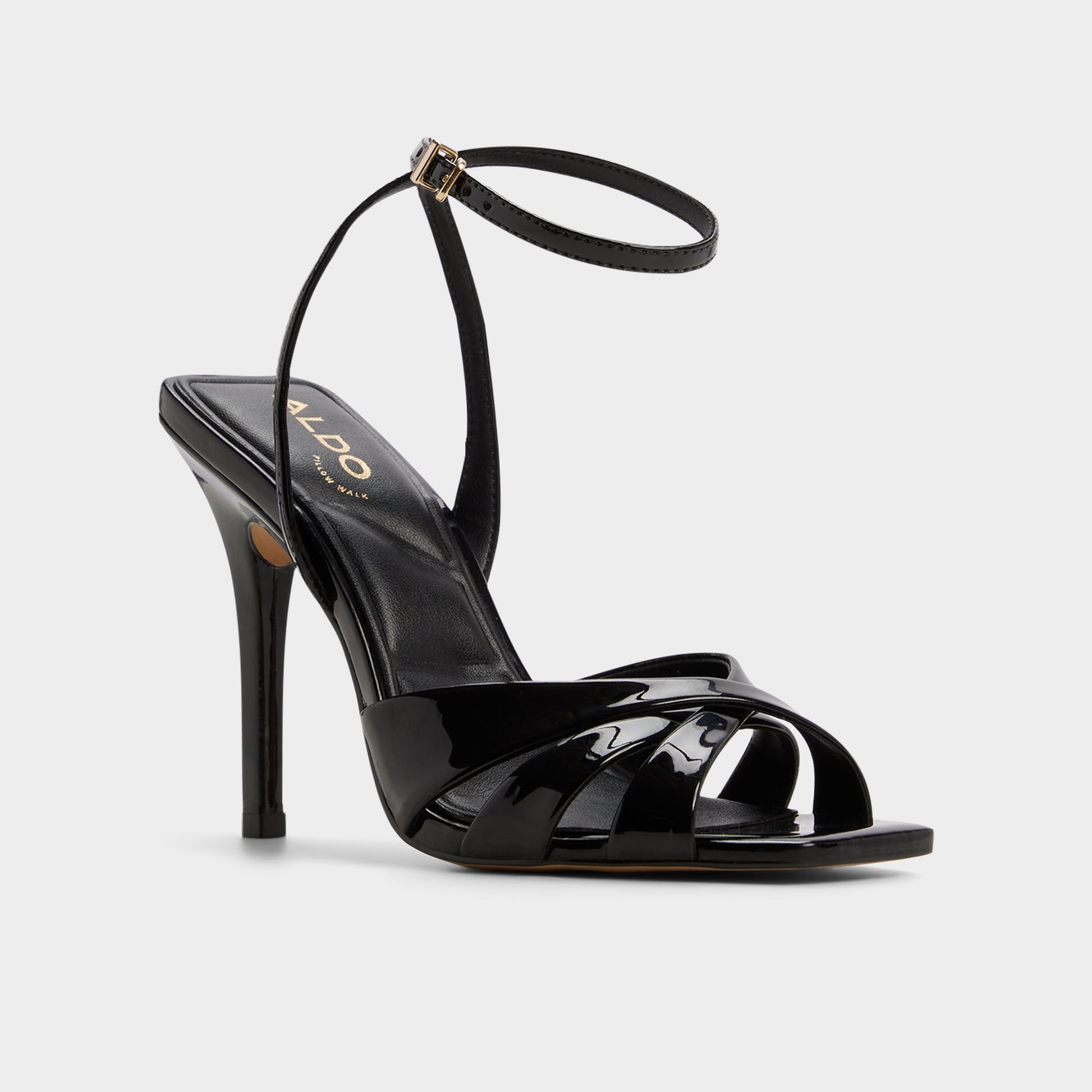 Three-quarter angle of Black Meteora Strappy heeled sandal's front side