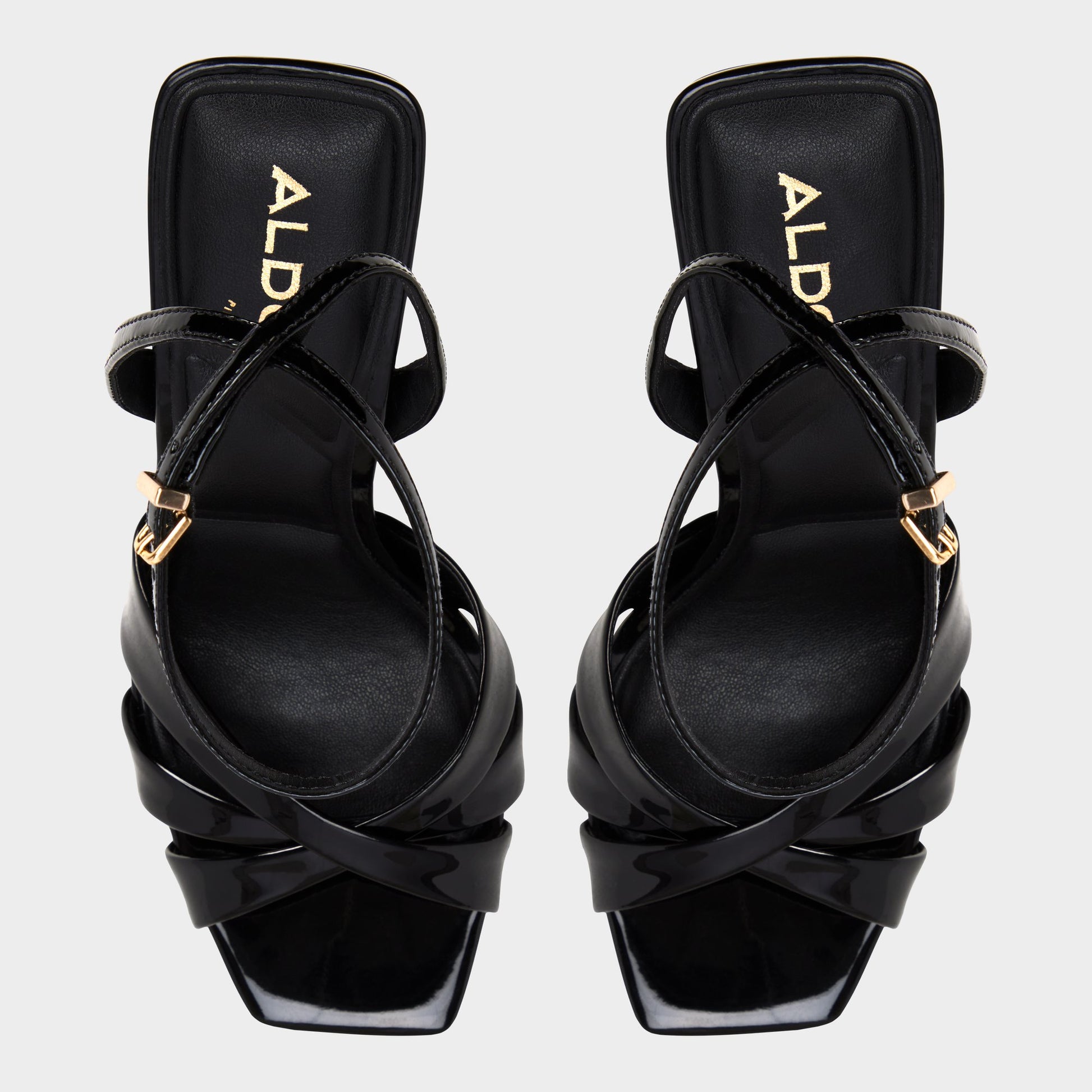 Top-down view of the Black Meteora Strappy heeled sandal