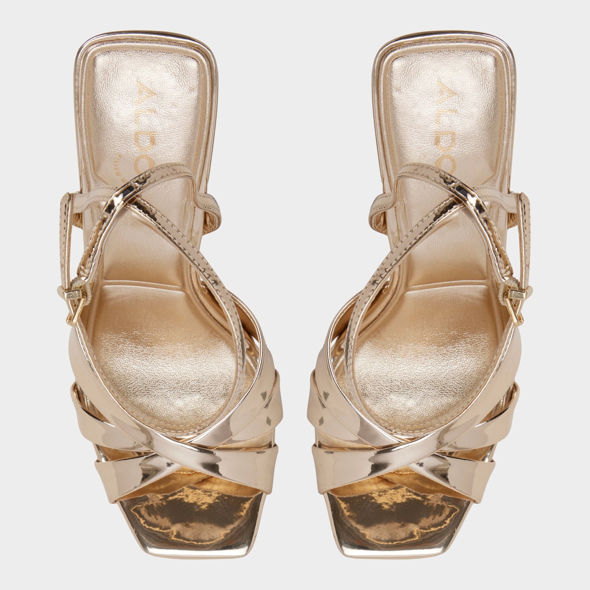 Top-down view of the Gold Meteora Strappy heeled sandal