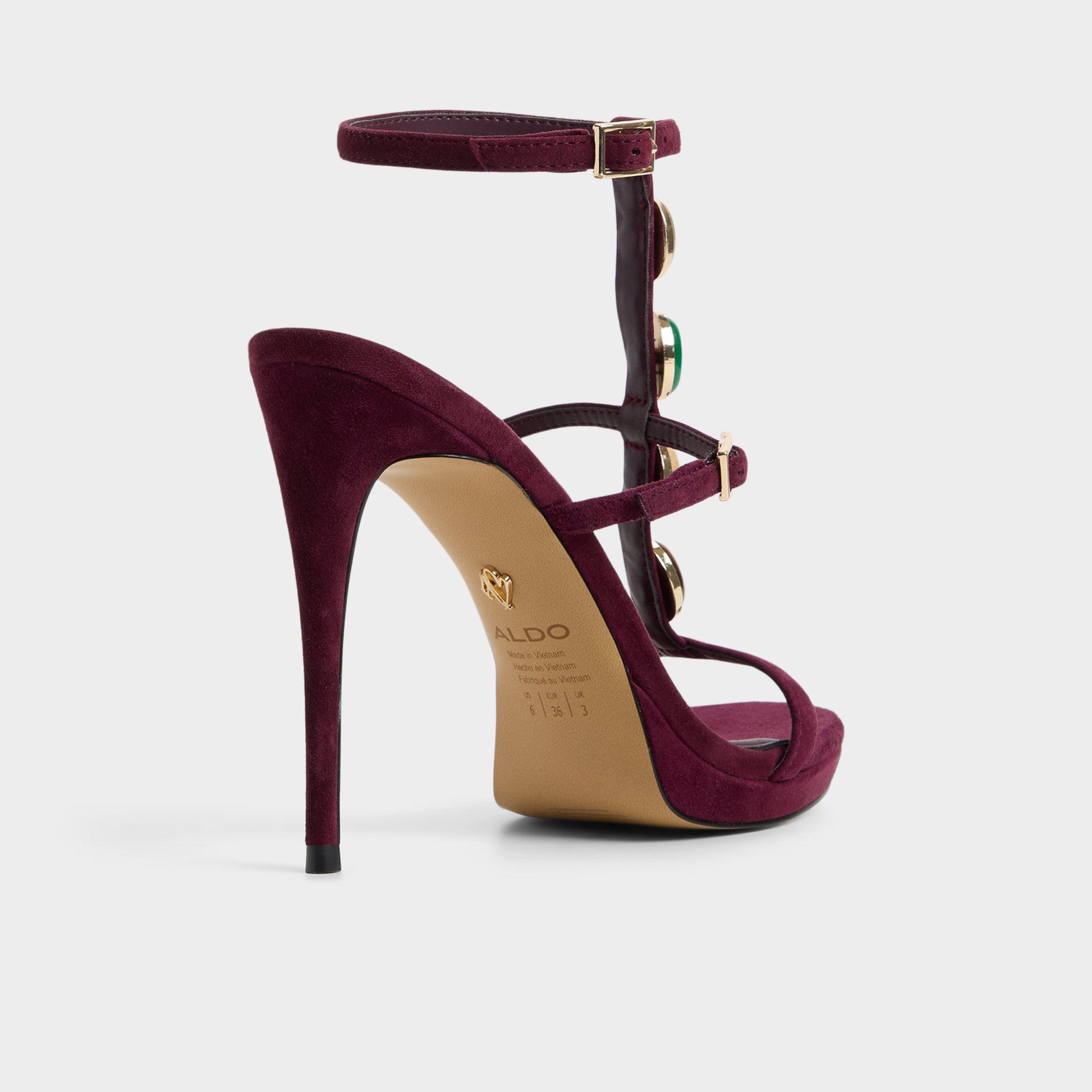 Three-quarter angle of Bordo Opalia Strappy heeled sandal's back side