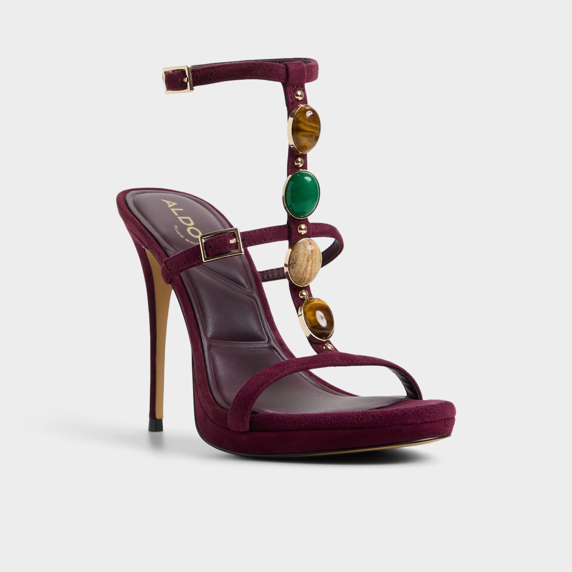 Three-quarter angle of Bordo Opalia Strappy heeled sandal's front side