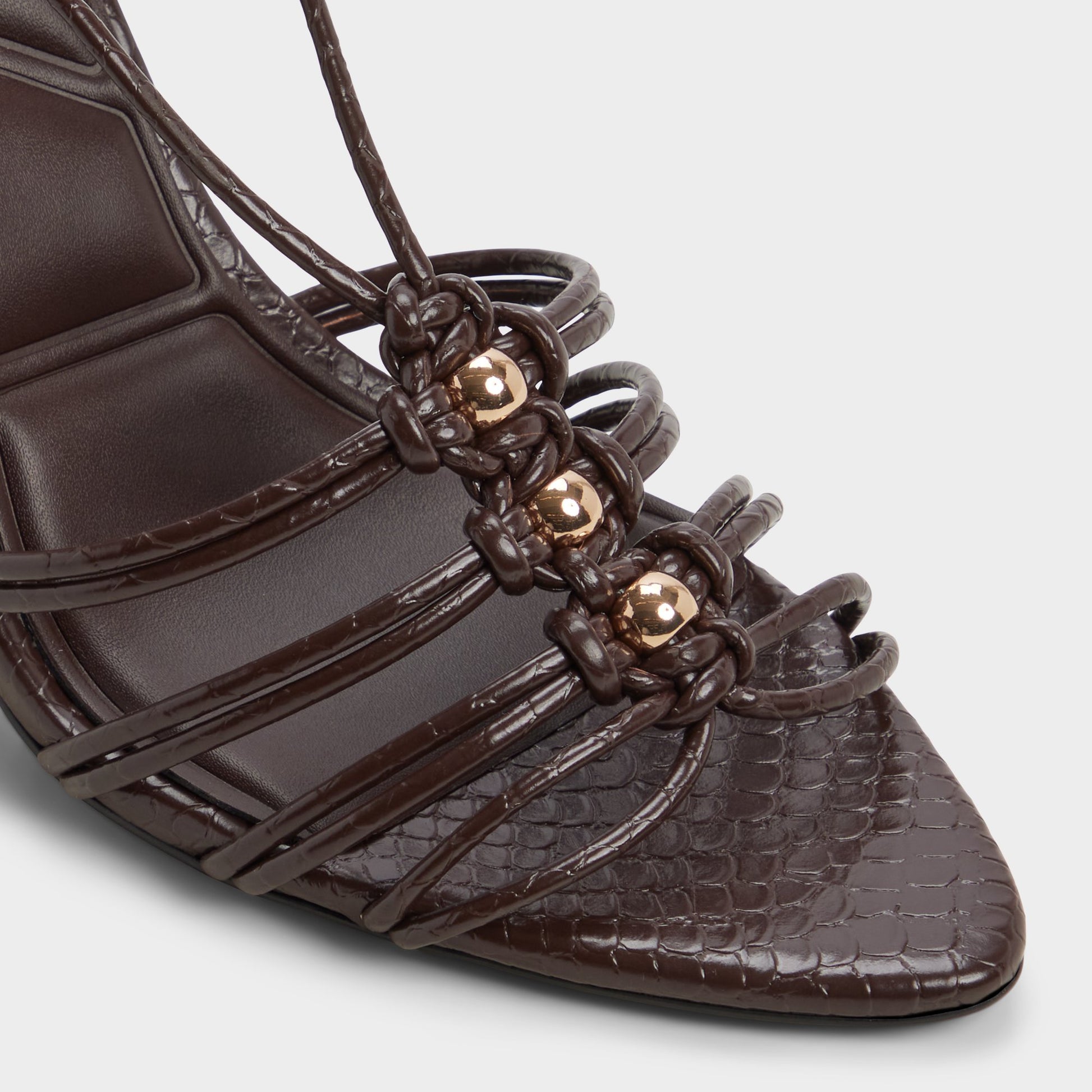 Close-up of the Dark brown Curacao Strappy heeled sandal
