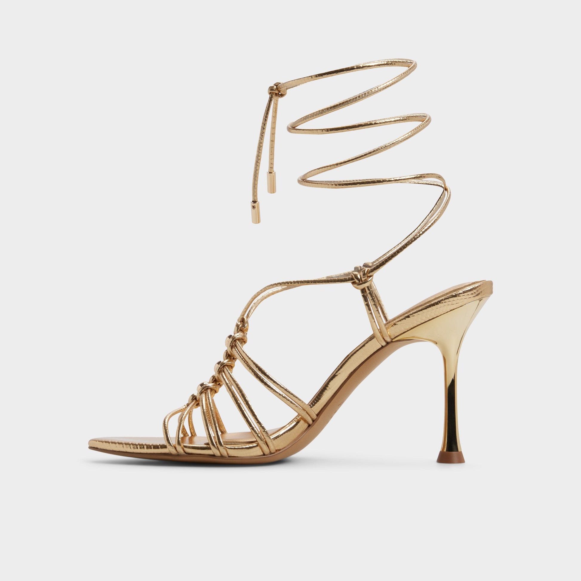 Side view of Gold Curacao Strappy heeled sandal