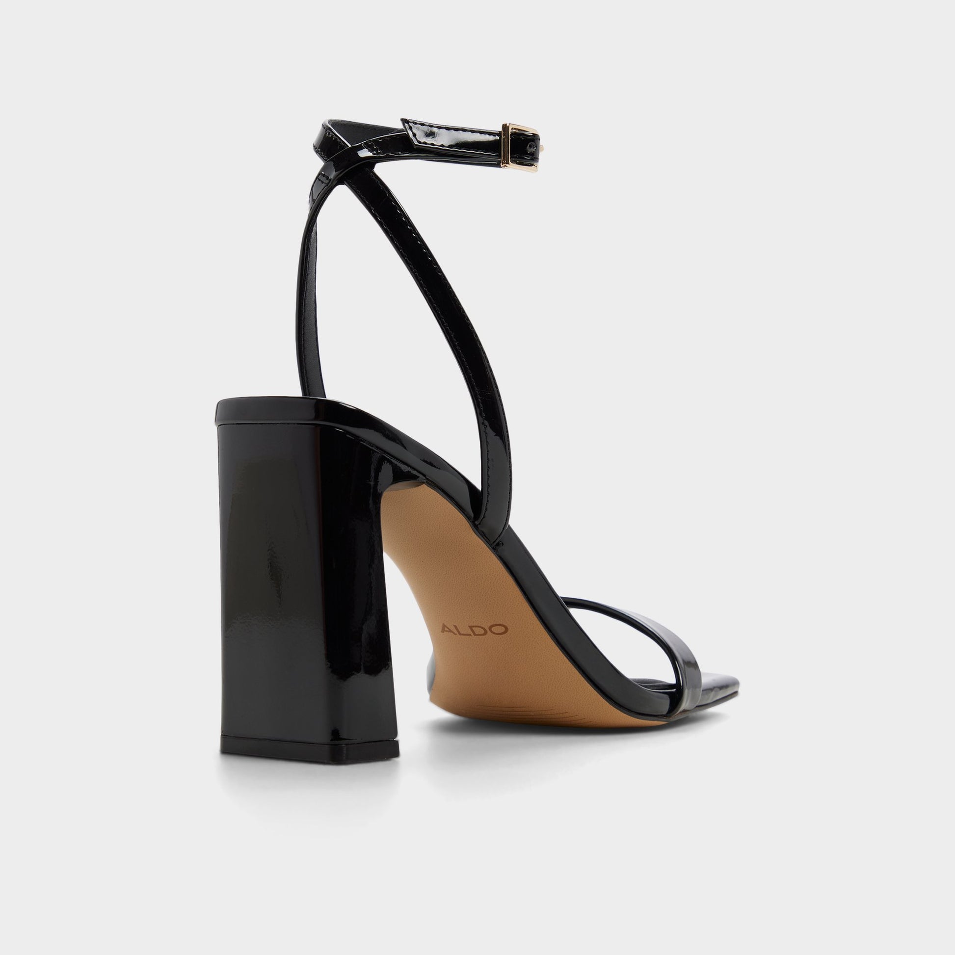 Three-quarter angle of Black Azzira Strappy heeled sandal's back side