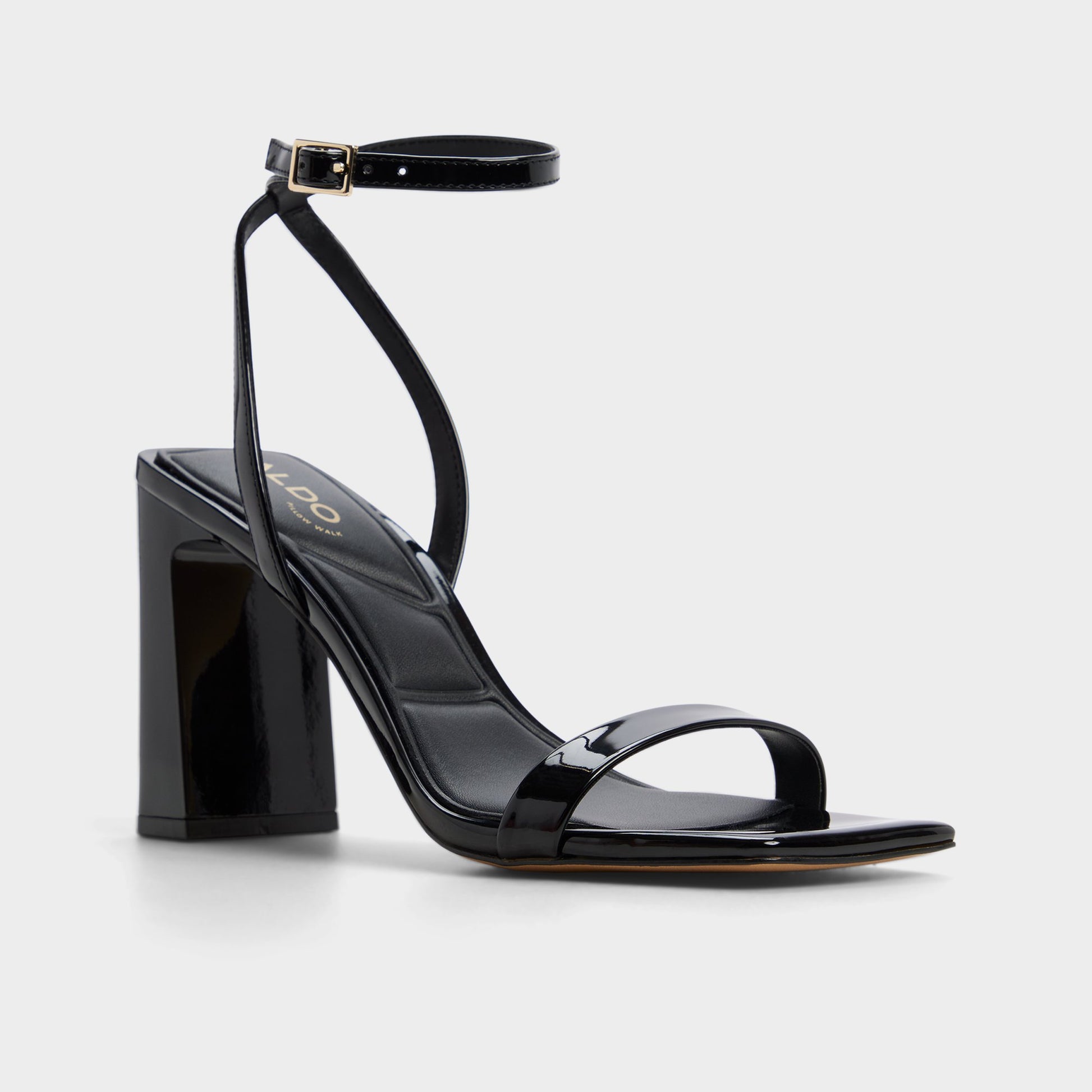Three-quarter angle of Black Azzira Strappy heeled sandal's front side