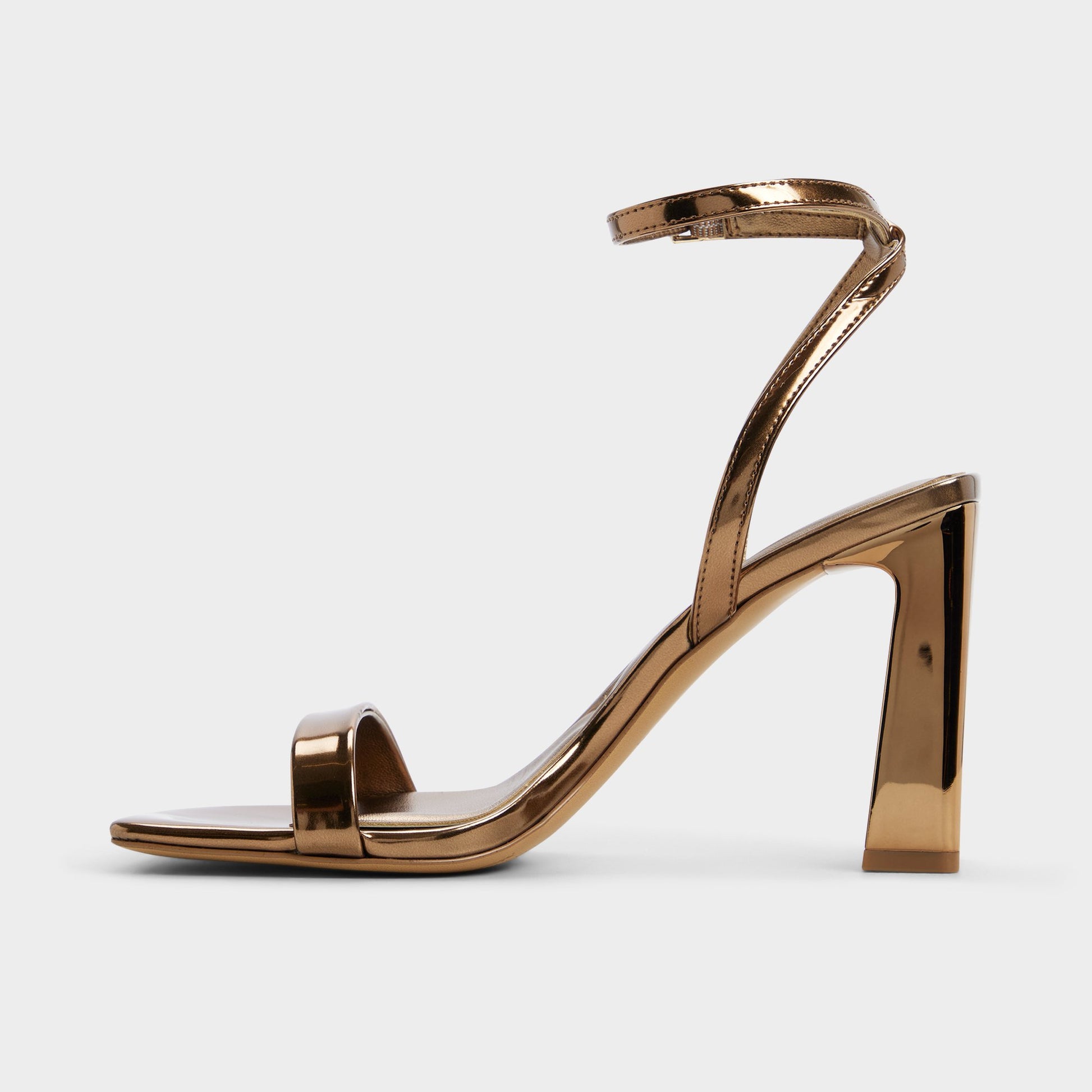 Side view of Bronze Azzira Strappy heeled sandal