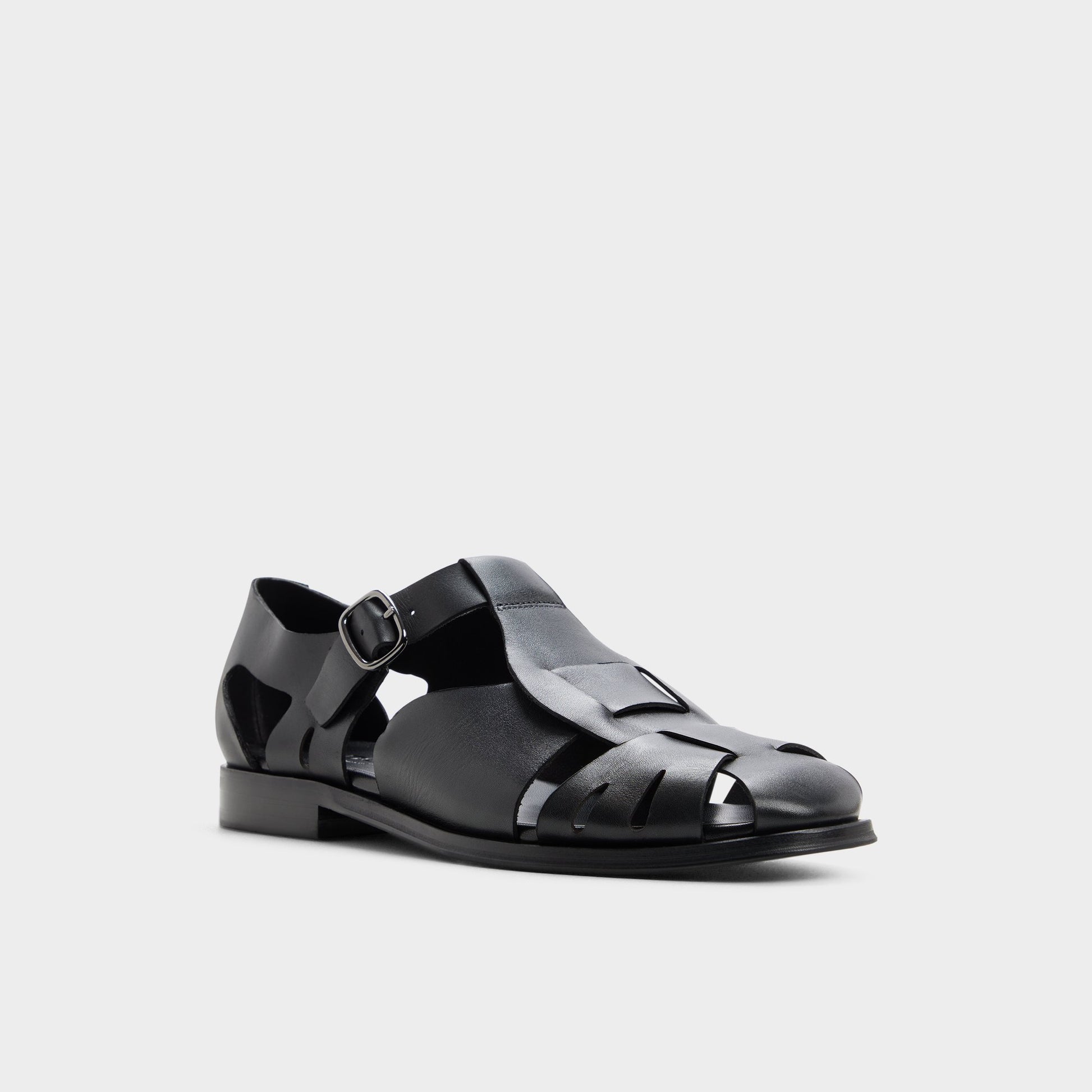 Three-quarter angle of Black Lancing Sandal's front side