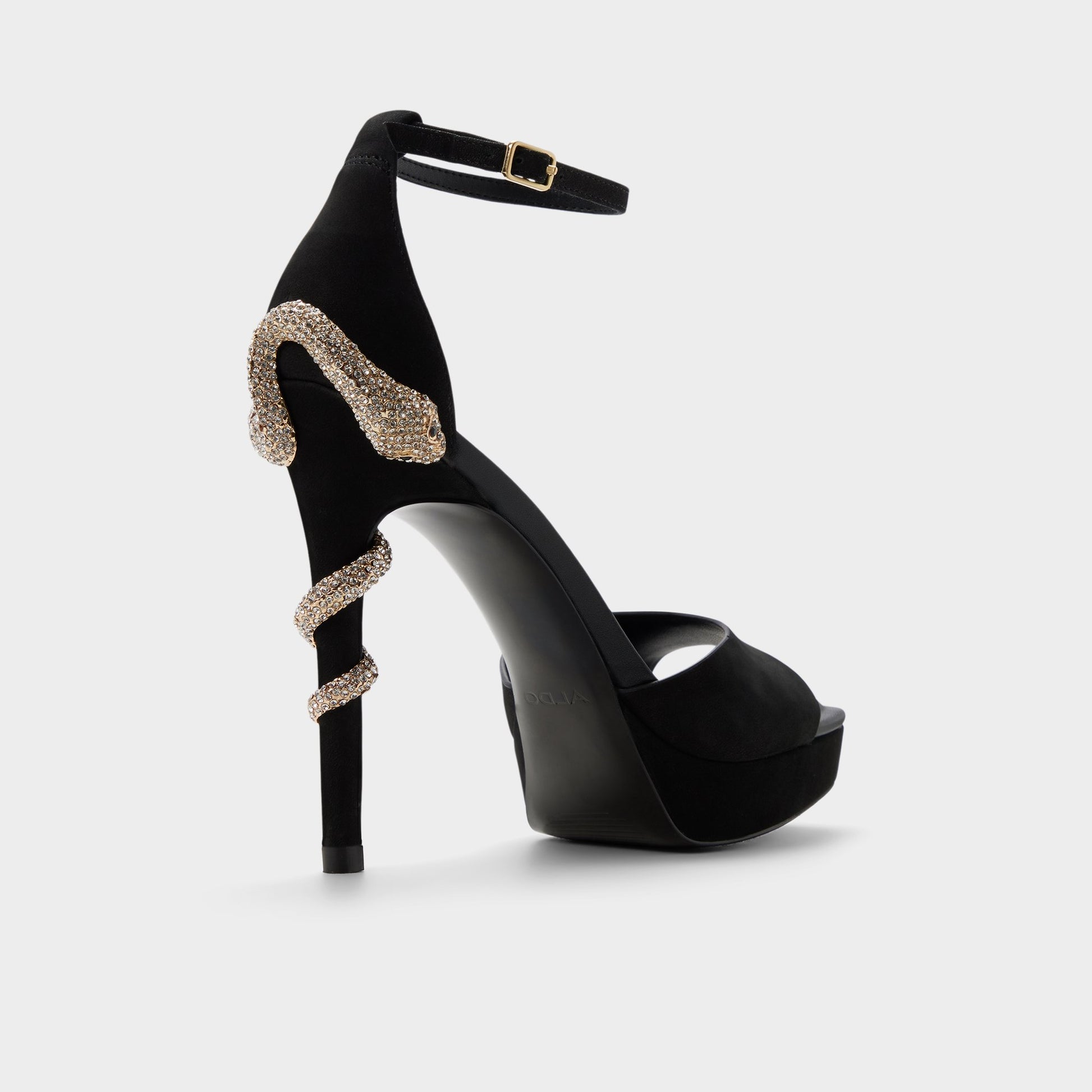 Three-quarter angle of Other black Medusa Strappy heeled sandal's back side