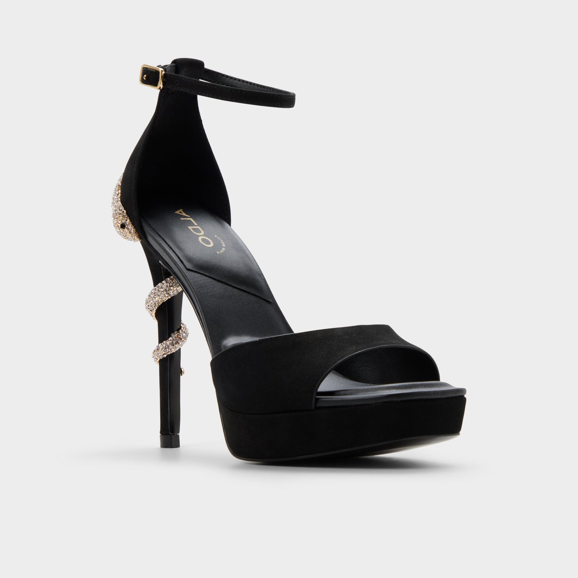 Three-quarter angle of Other black Medusa Strappy heeled sandal's front side