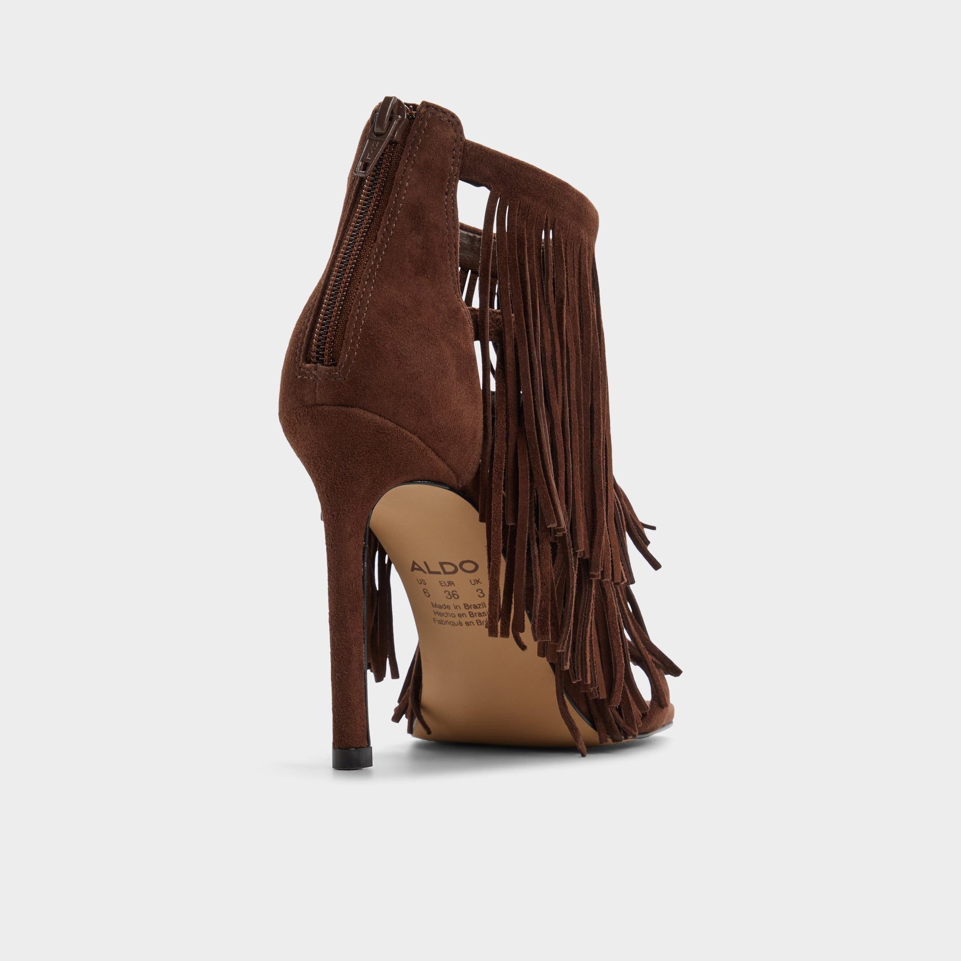 Three-quarter angle of Dark brown Nahana Strappy heeled sandal's back side