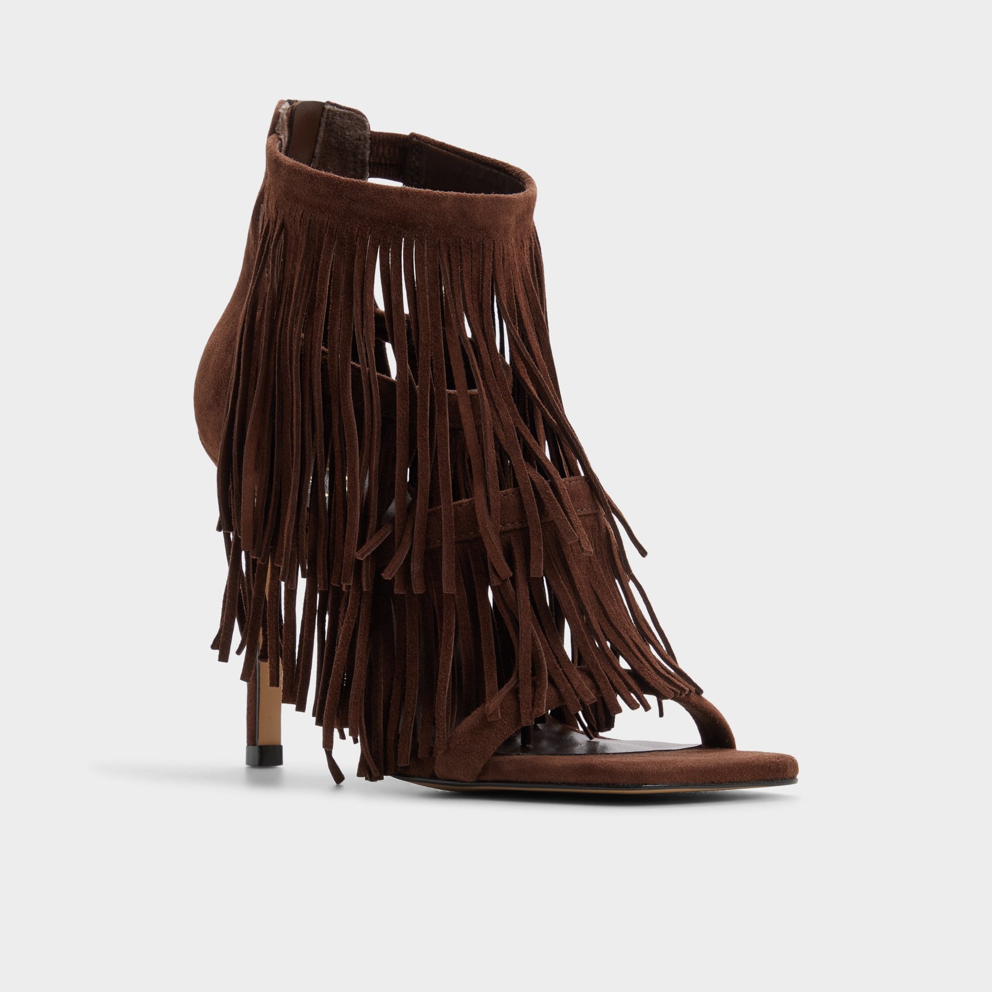 Three-quarter angle of Dark brown Nahana Strappy heeled sandal's front side