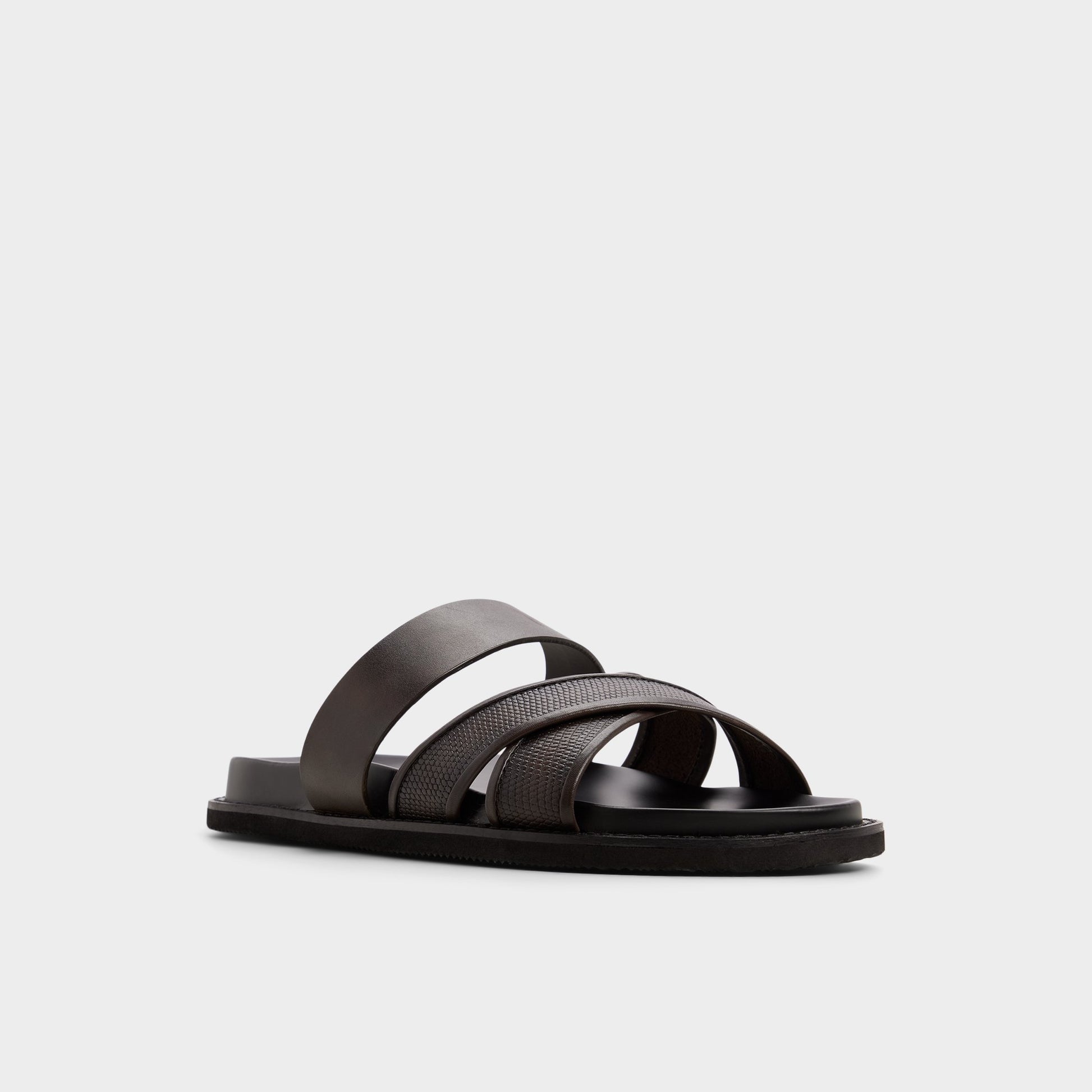 Three-quarter angle of Dark brown Kendo Slide sandal's front side
