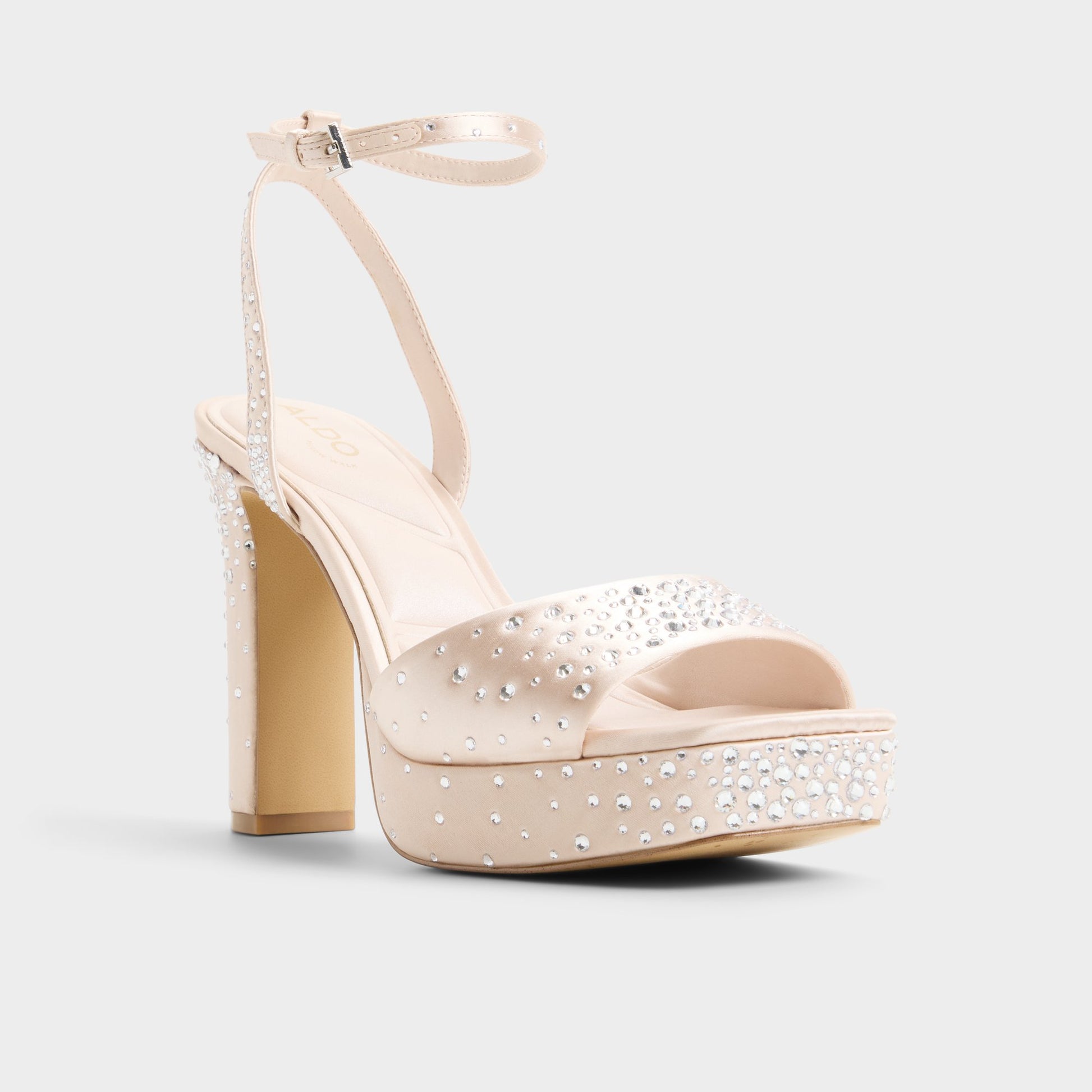 Three-quarter angle of Light beige Chicgleam Strappy heeled sandal's front side