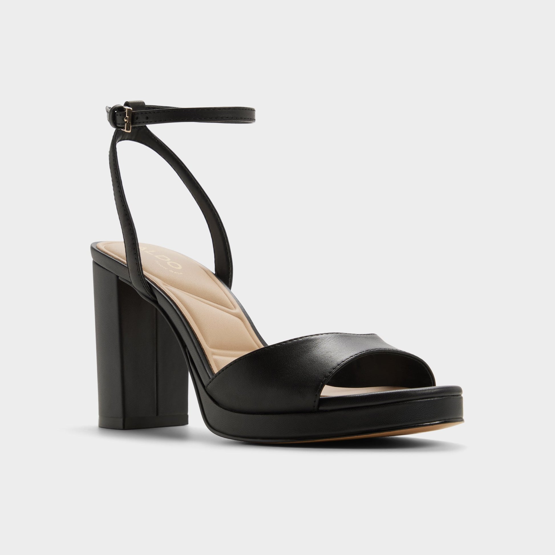 Three-quarter angle of Other black Gracious Strappy heeled sandal's front side