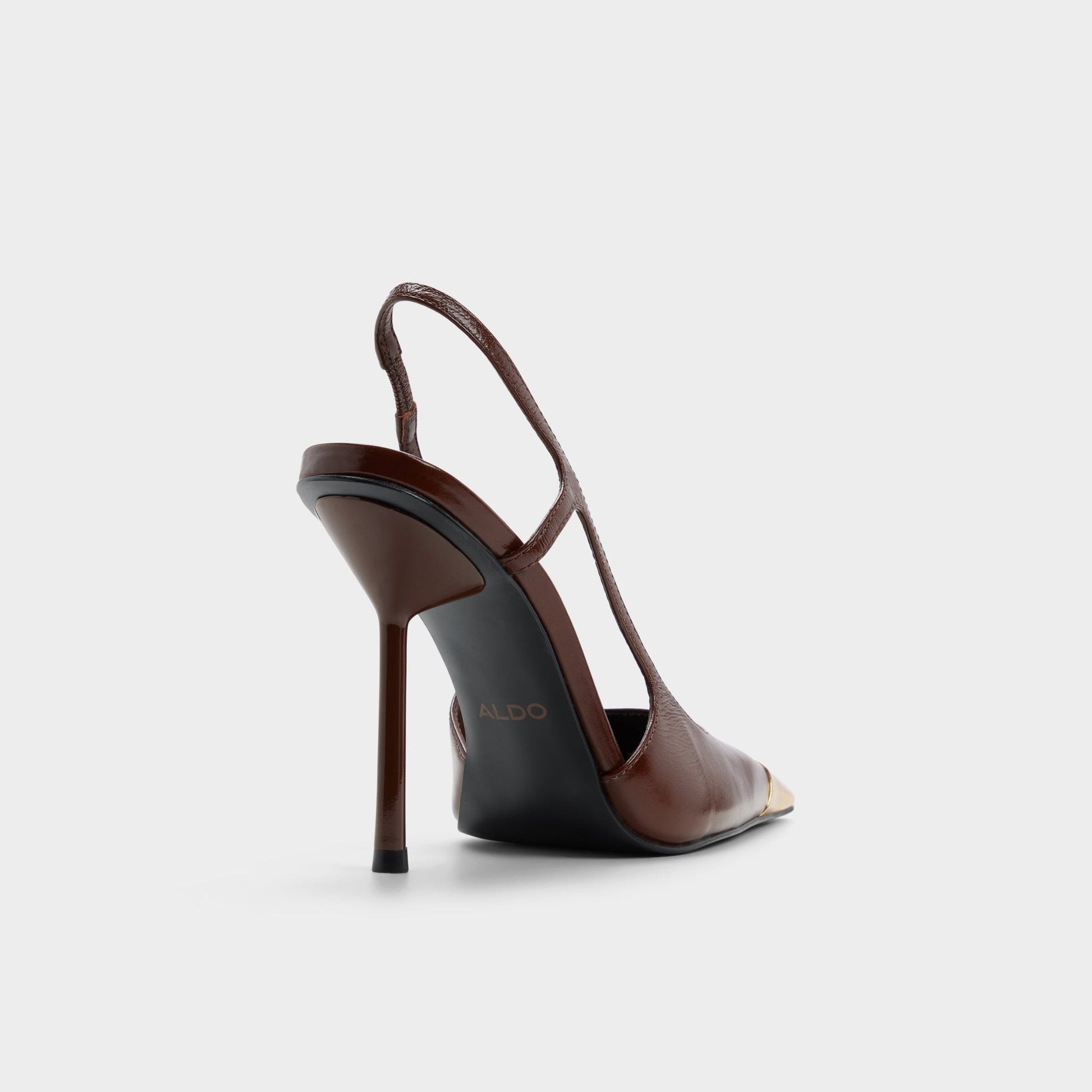 Three-quarter angle of Dark brown Feronia Slingback high heel's back side