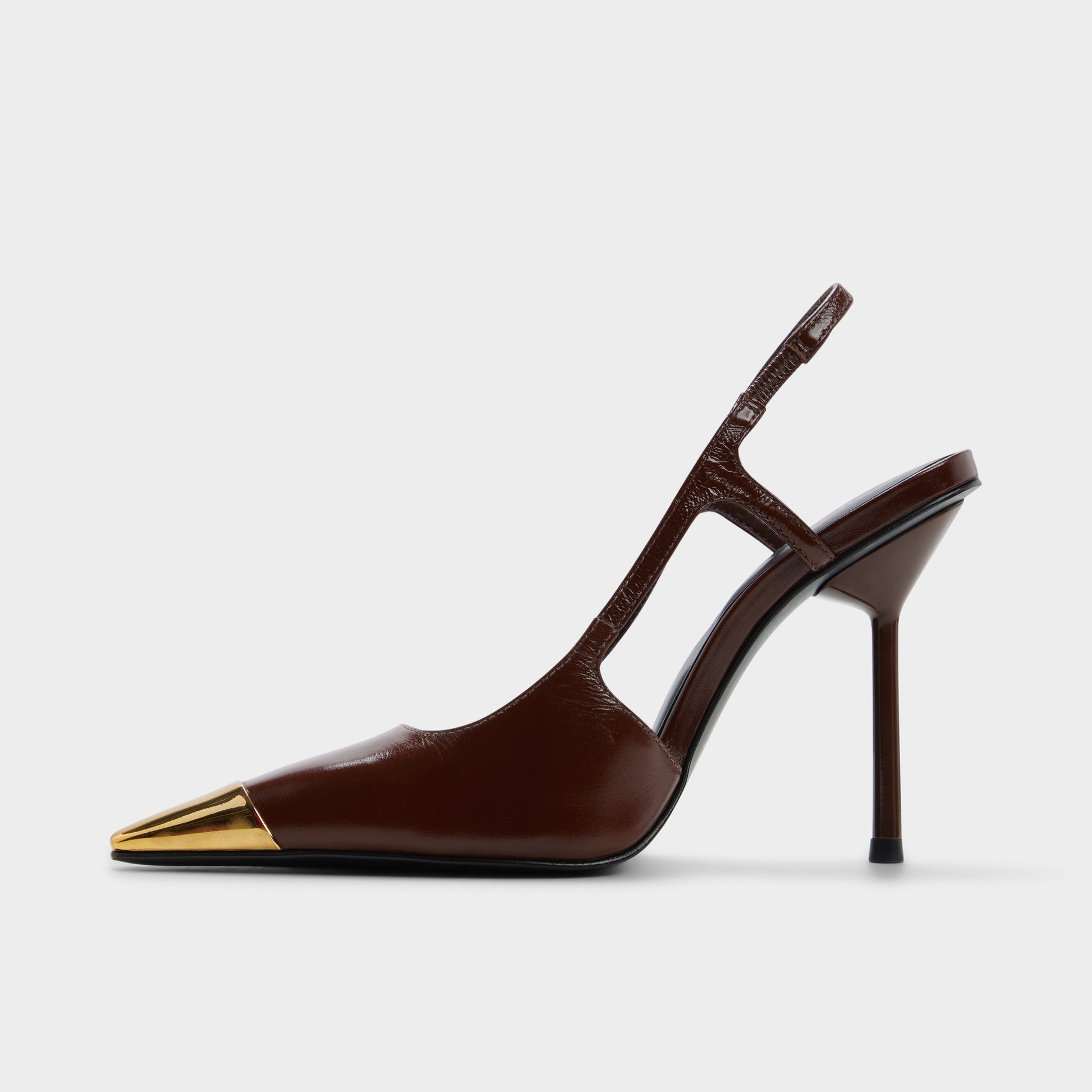 Side view of Dark brown Feronia Slingback high heel