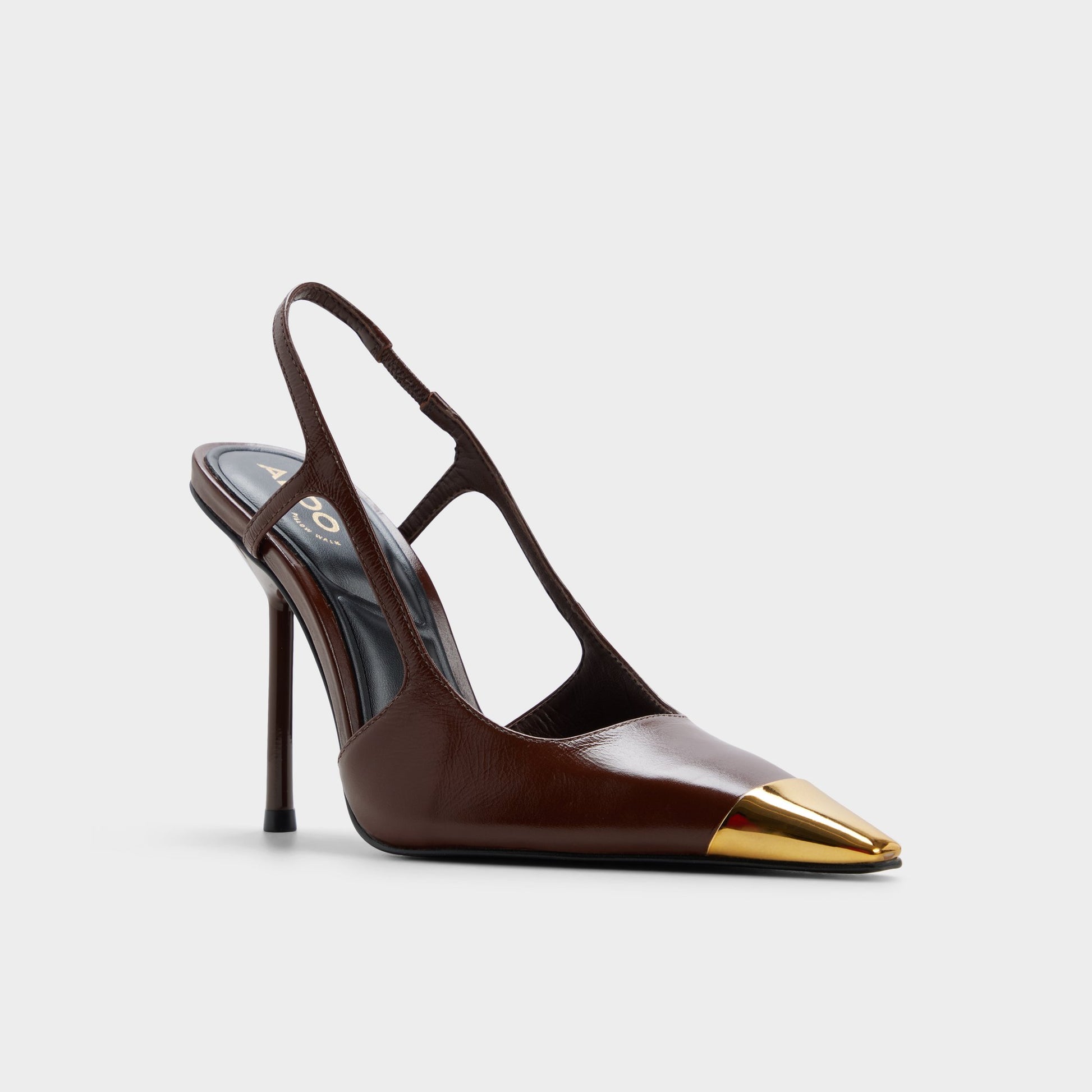 Three-quarter angle of Dark brown Feronia Slingback high heel's front side