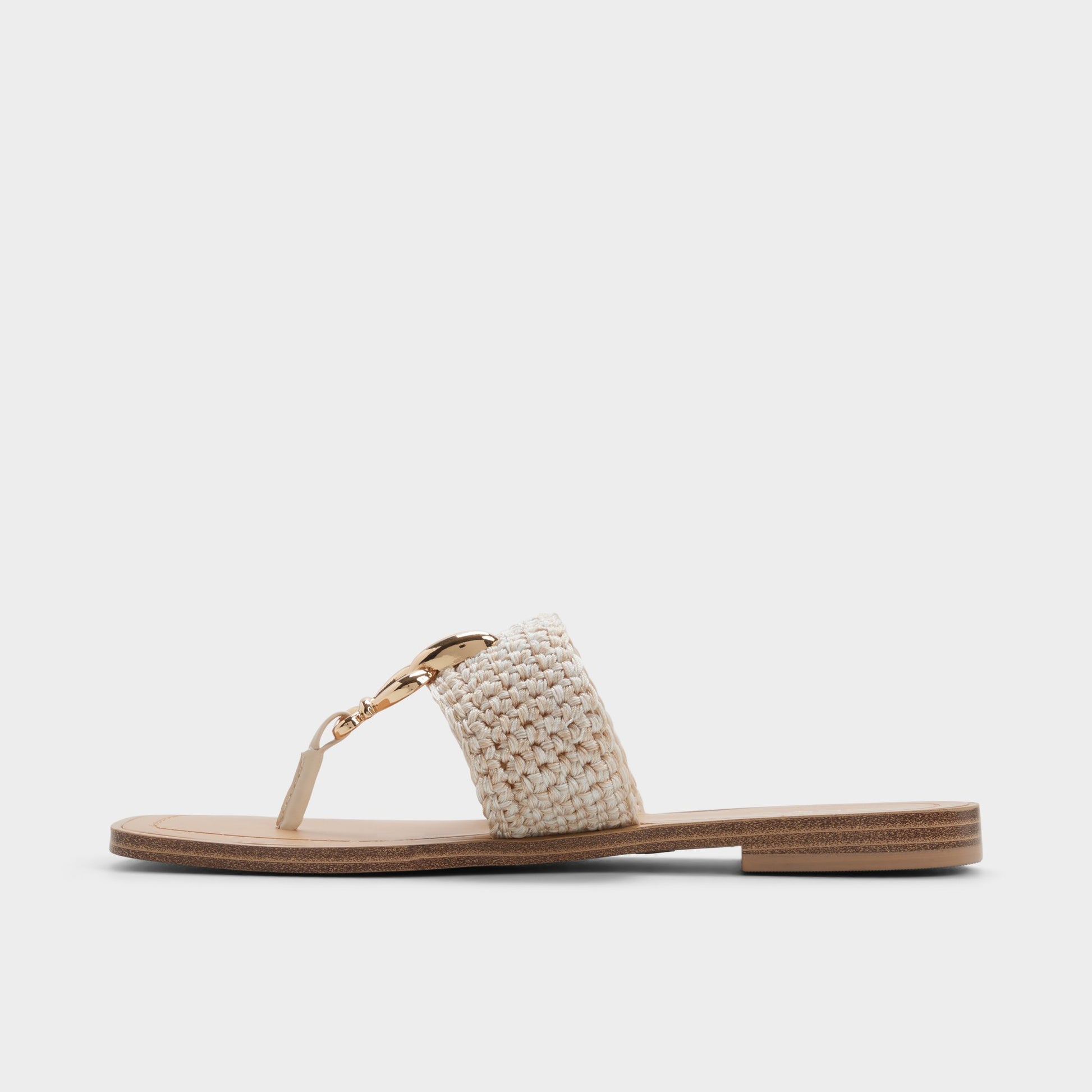Side view of Beige Madaline T-strap sandal