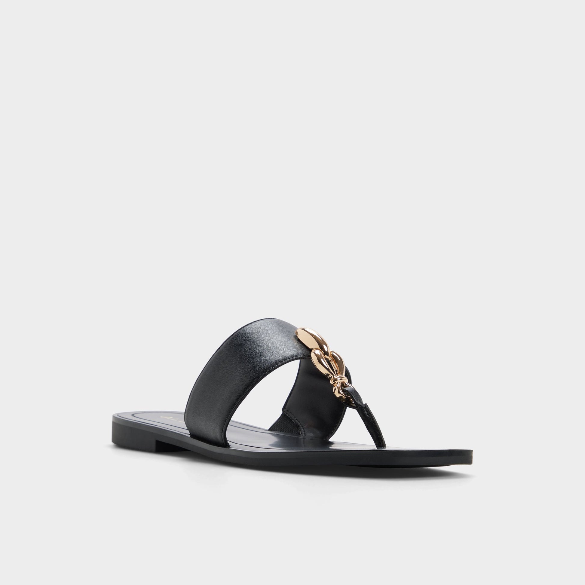 Three-quarter angle of Black Madaline T-strap sandal's front side