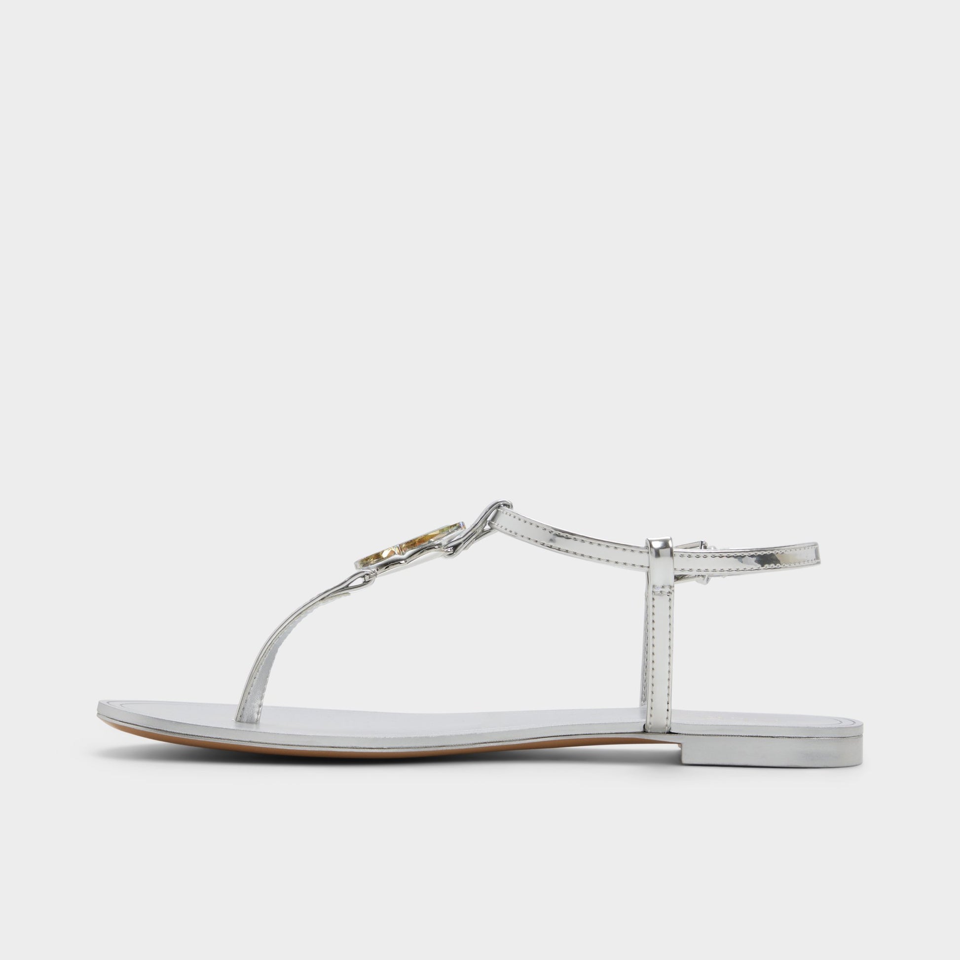 Side view of Silver Farfallina T-strap sandal