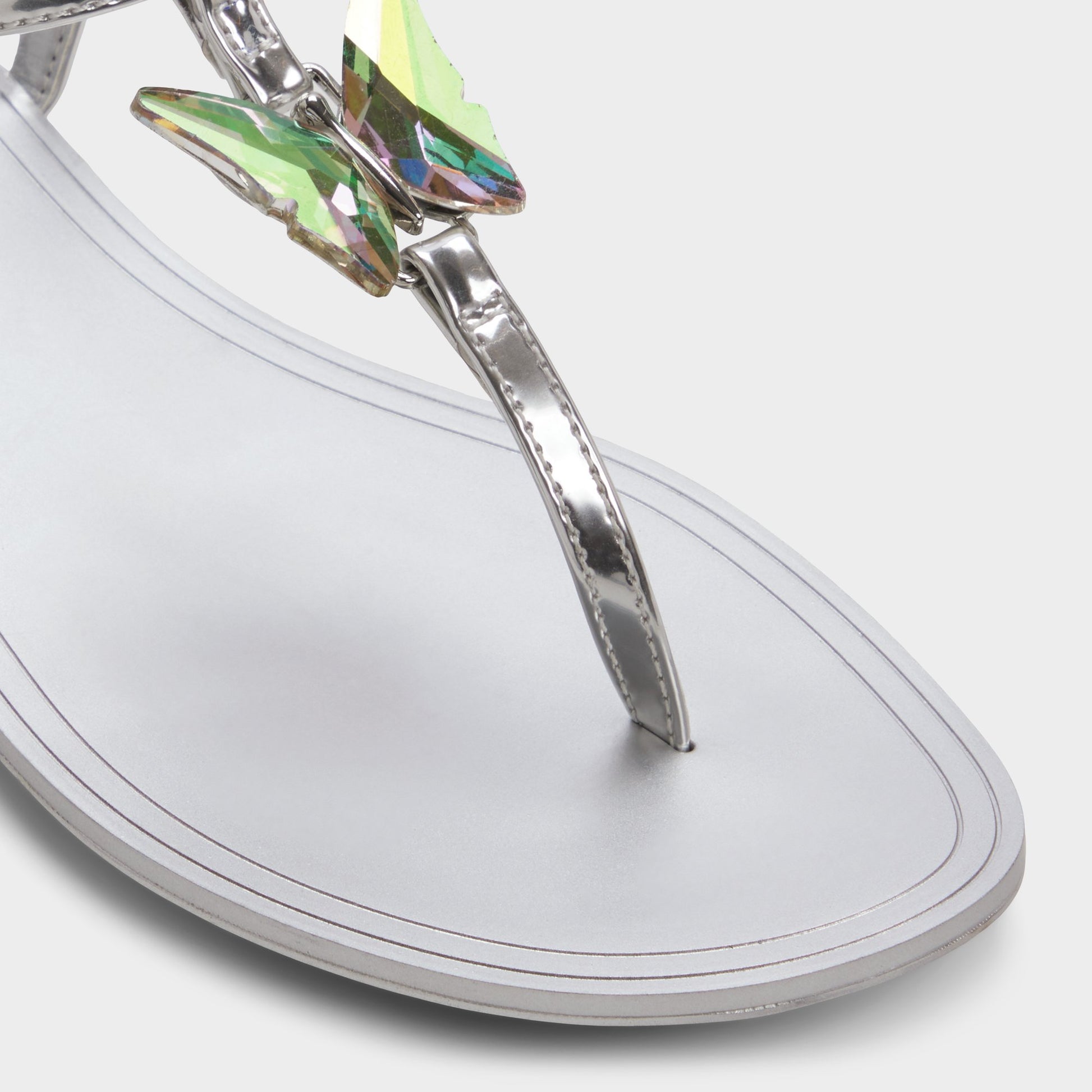 Close-up of the Silver Farfallina T-strap sandal