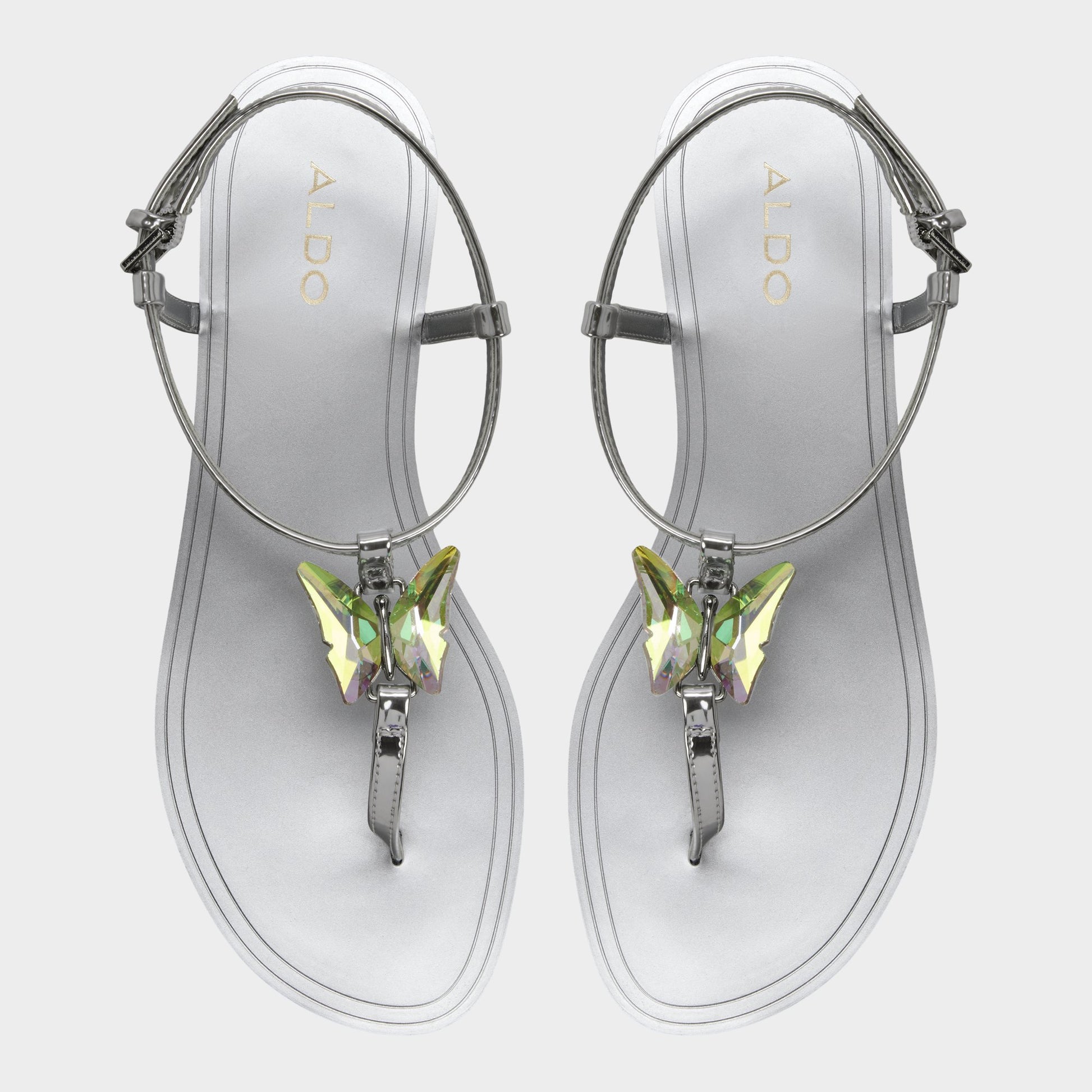 Top-down view of the Silver Farfallina T-strap sandal