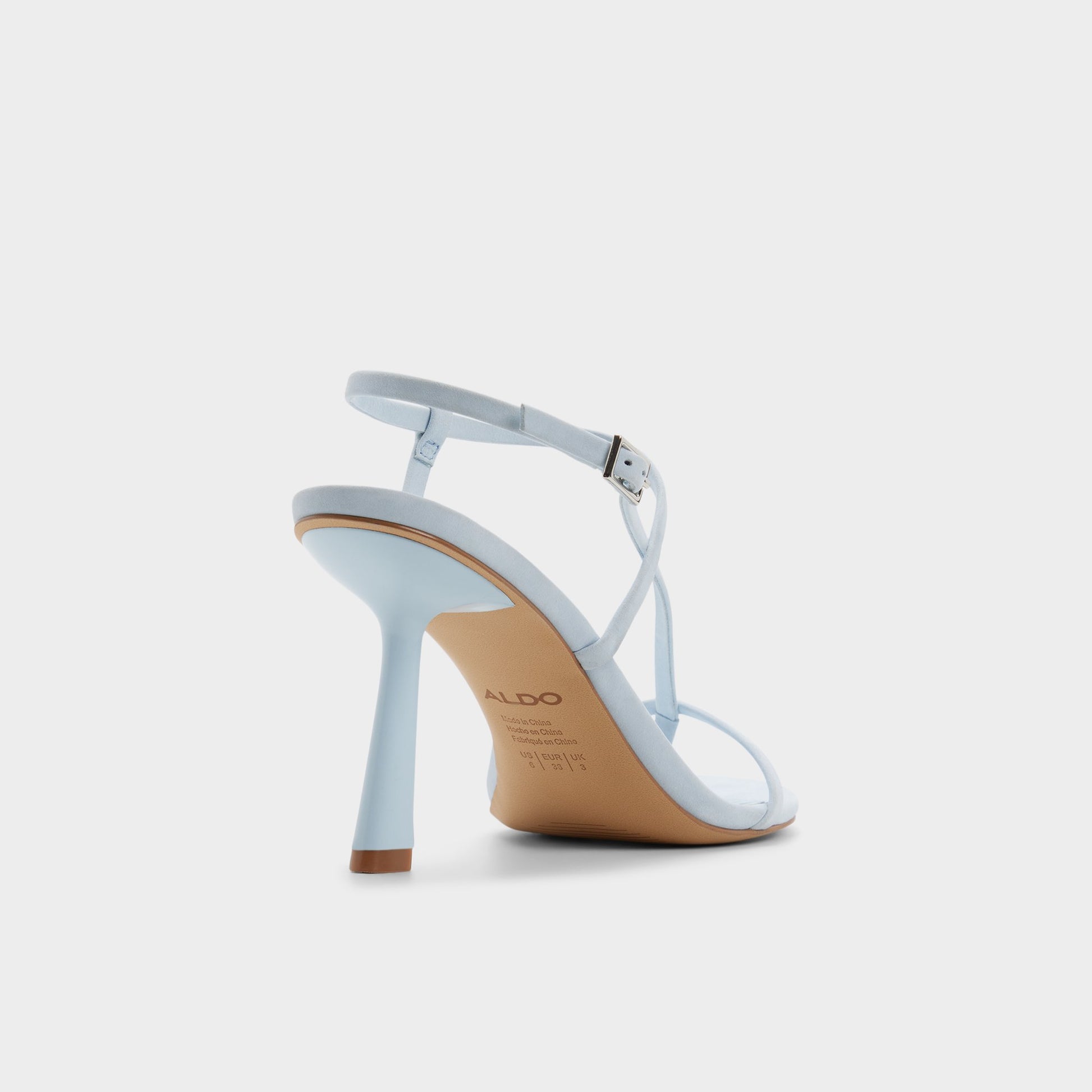 Three-quarter angle of Light blue Nallia Strappy heeled sandal's back side
