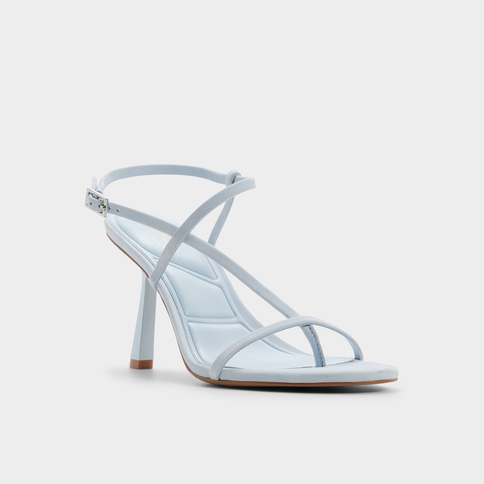Three-quarter angle of Light blue Nallia Strappy heeled sandal's front side